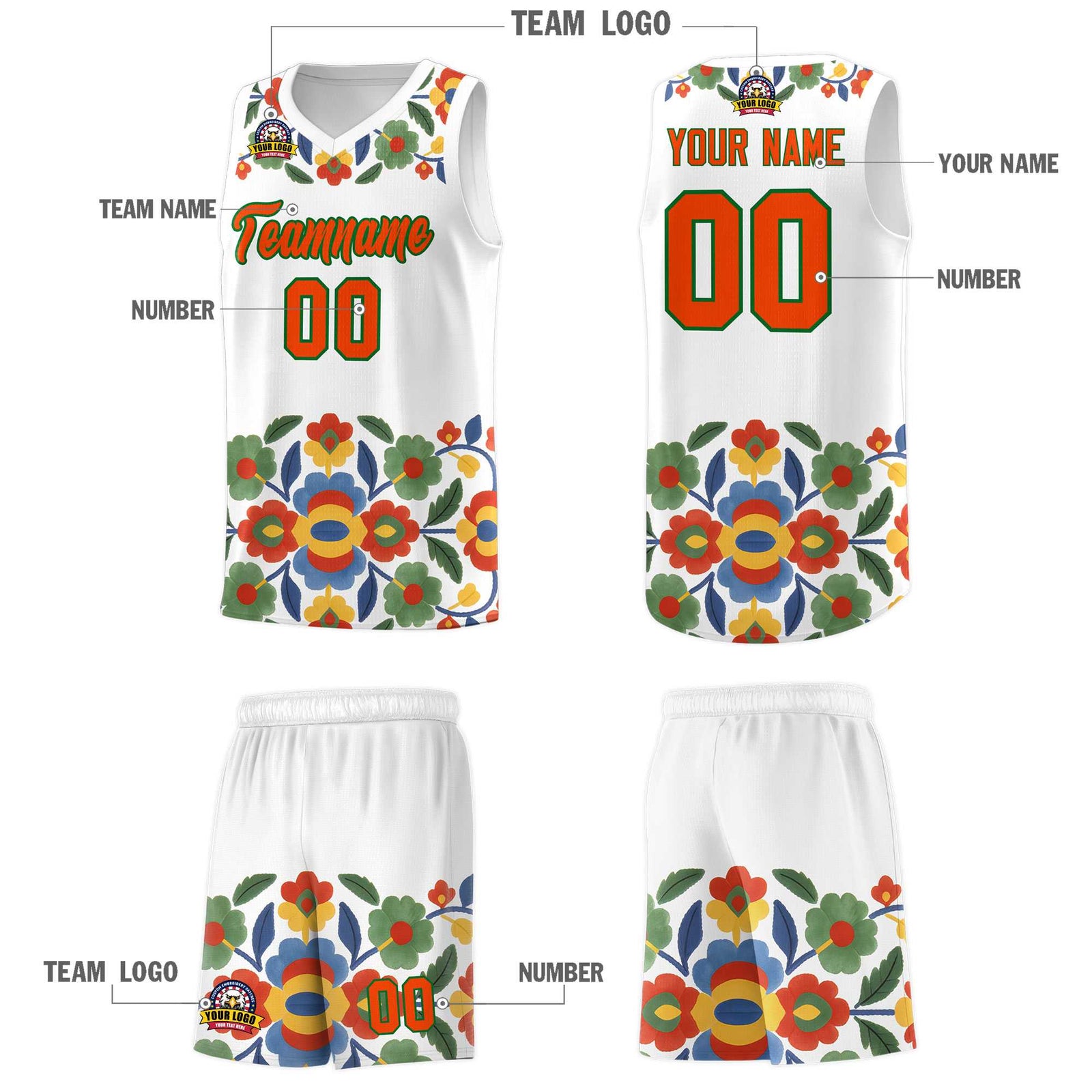 Custom White Orange Mexican Colors Graffiti Patterns Lightweight Uniform Basketball Jersey