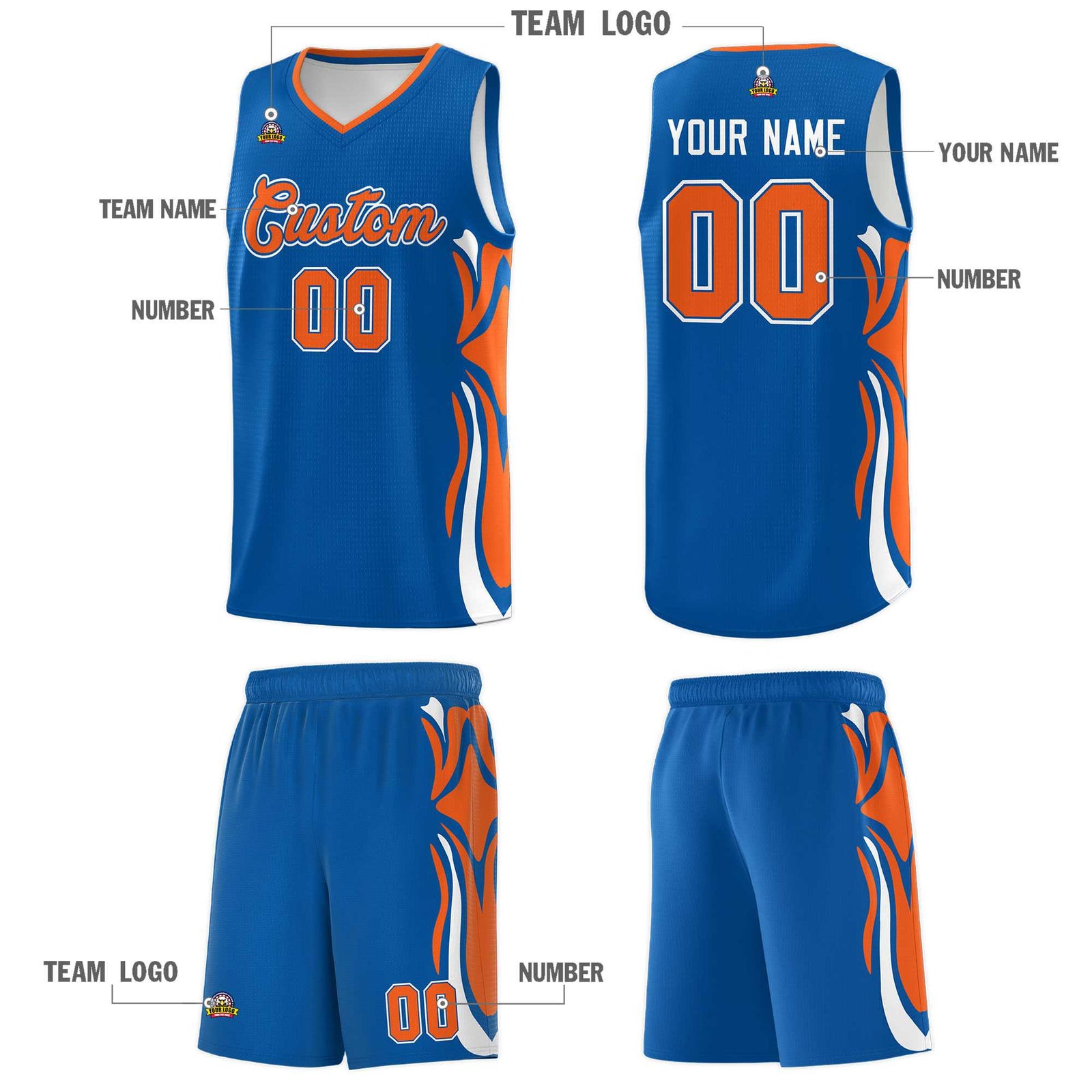Custom Royal Orange-White Graffiti Pattern Side Curve Pattern Sports Uniform Basketball Jersey Sets