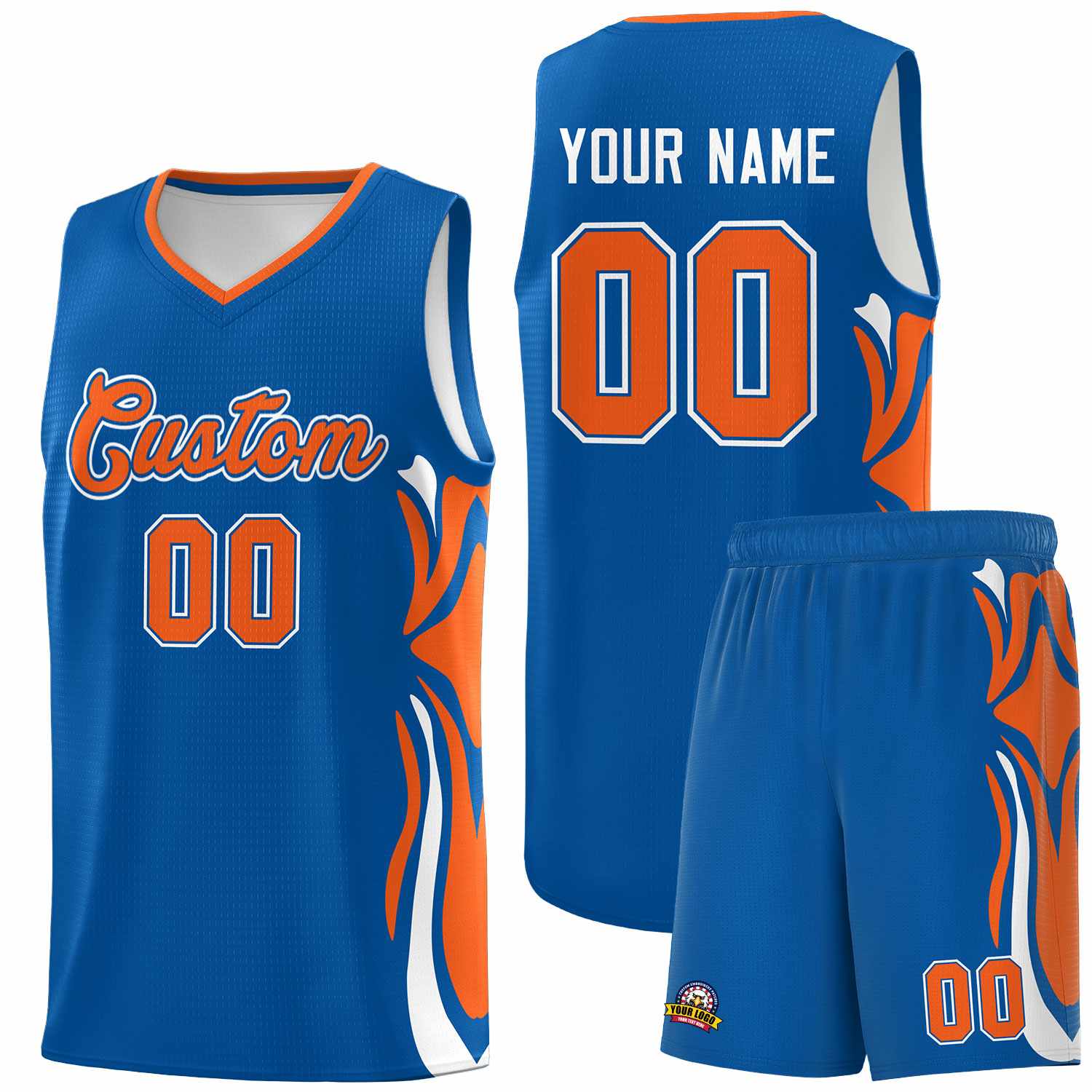 Custom Royal Orange-White Graffiti Pattern Side Curve Pattern Sports Uniform Basketball Jersey Sets