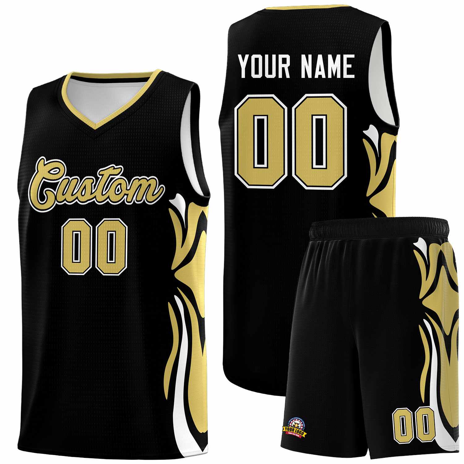 Custom Black Old Gold-White Graffiti Pattern Side Curve Pattern Sports Uniform Basketball Jersey Sets