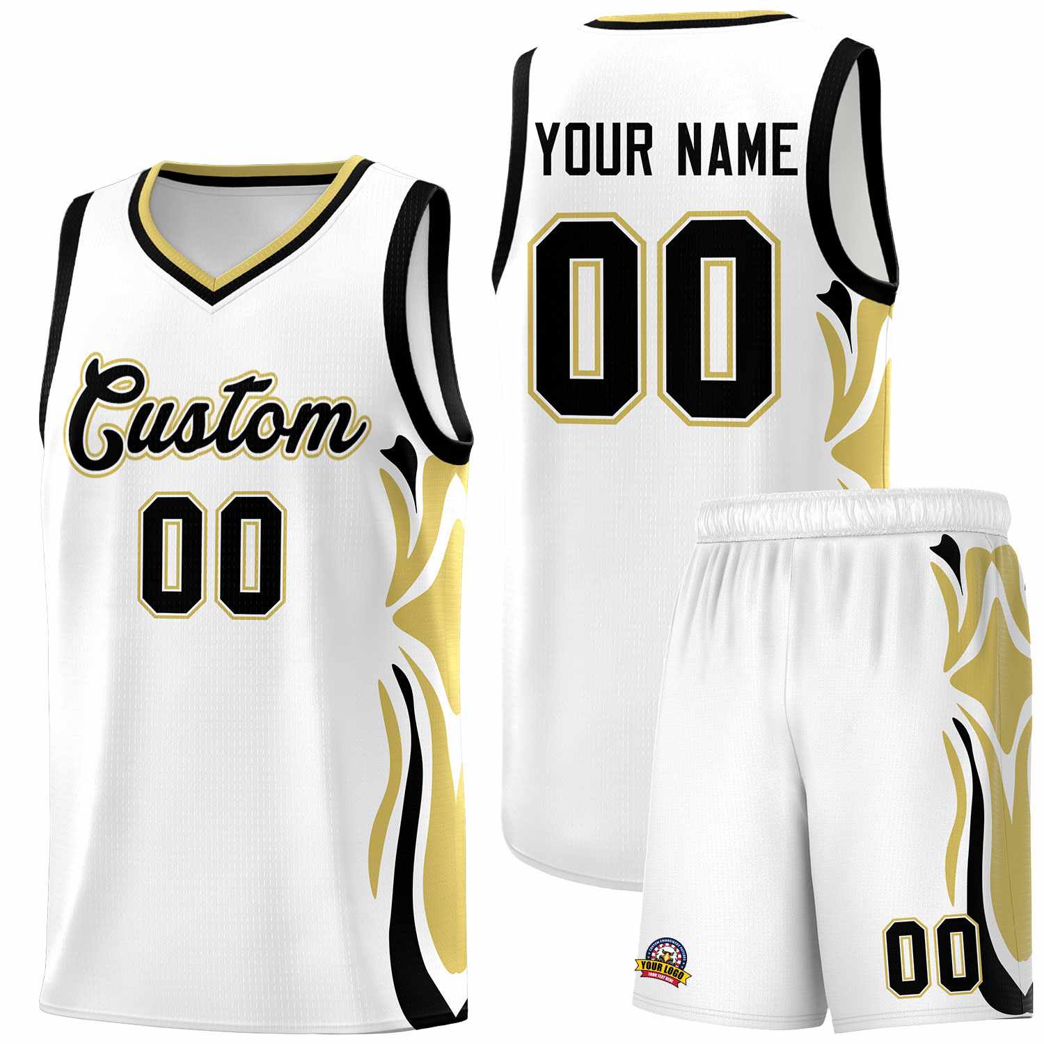 Custom White Black-Old Gold Graffiti Pattern Side Curve Pattern Sports Uniform Basketball Jersey Sets
