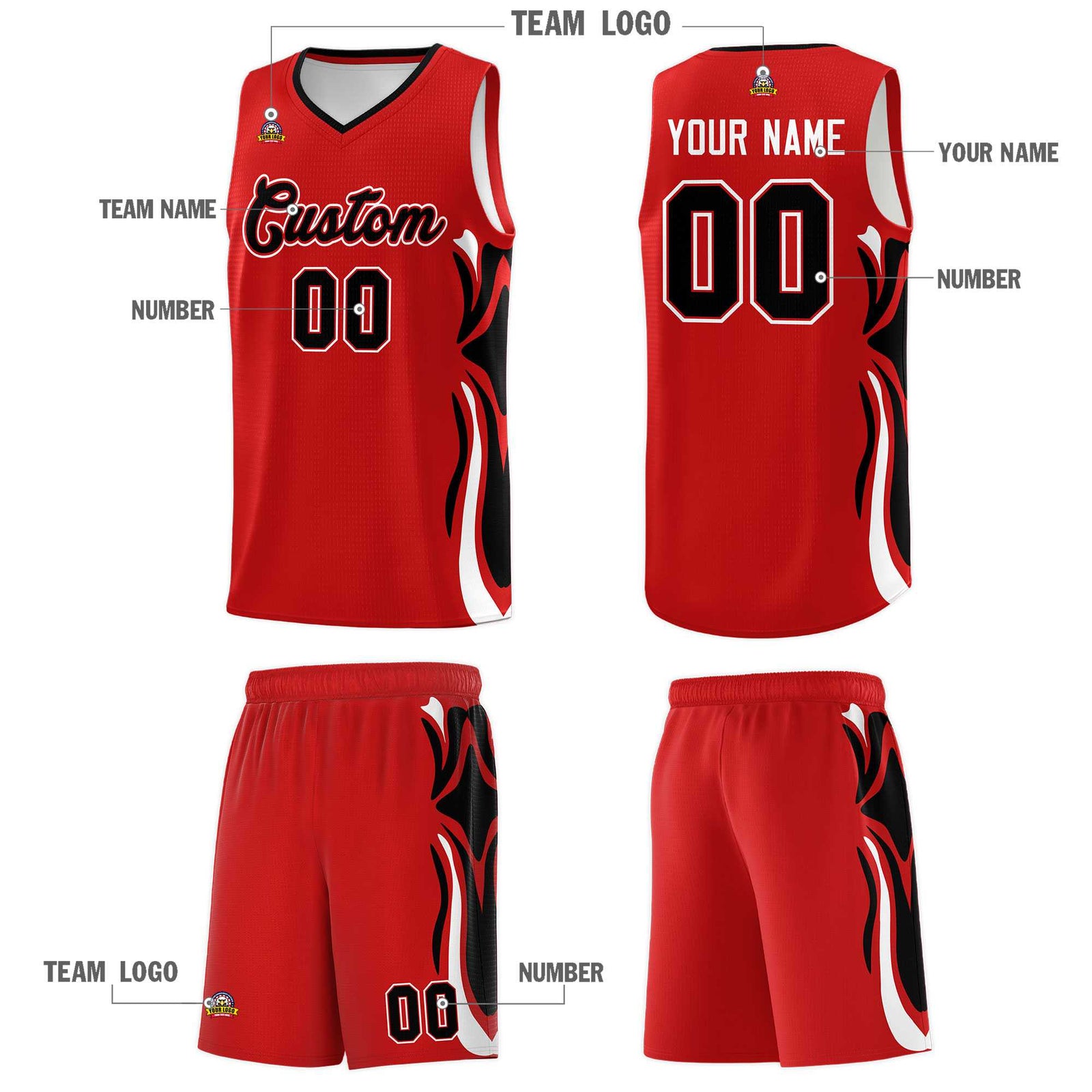 Custom Red Black-White Graffiti Pattern Side Curve Pattern Sports Uniform Basketball Jersey Sets