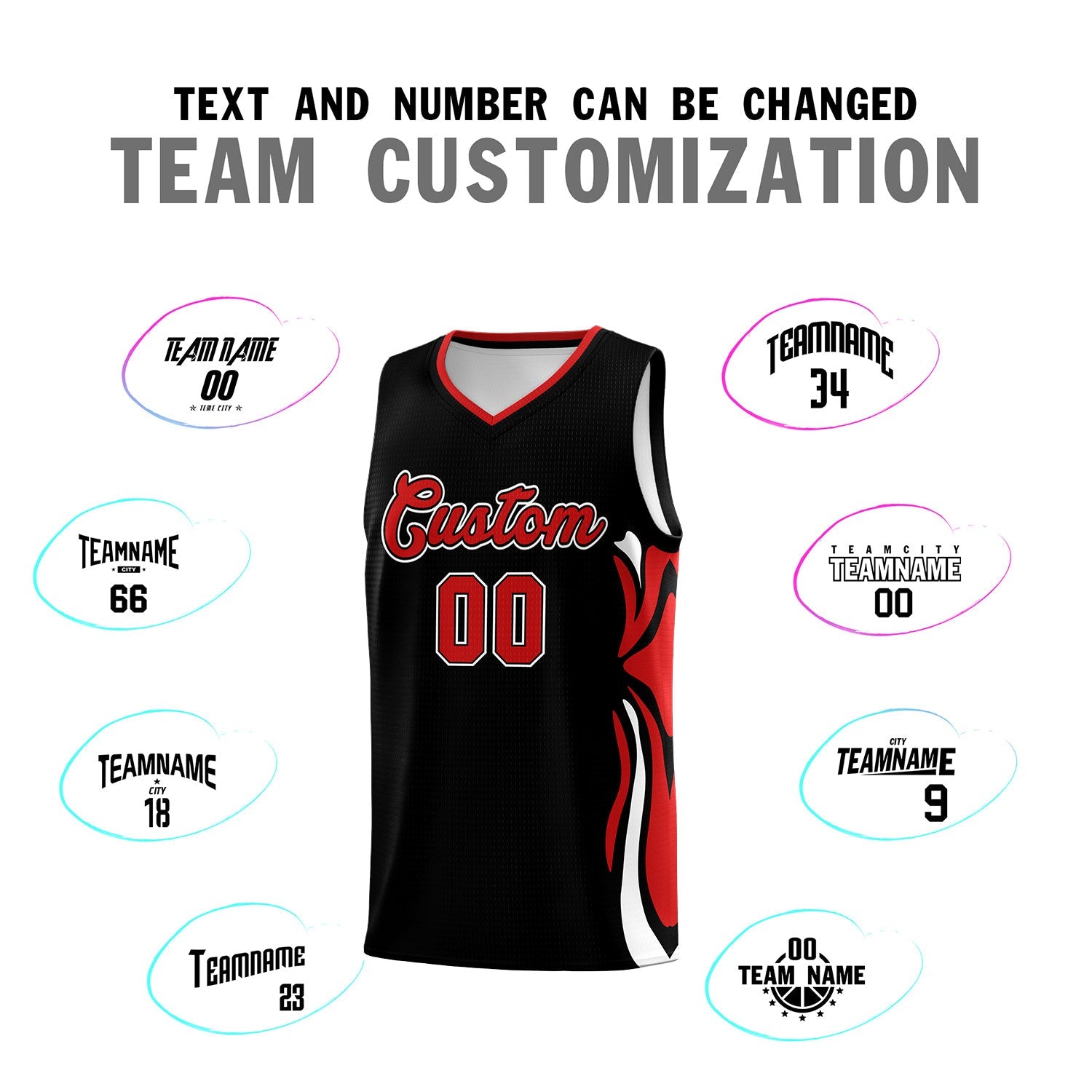 Custom Black Red-White Graffiti Pattern Side Curve Pattern Sports Uniform Basketball Jersey Sets