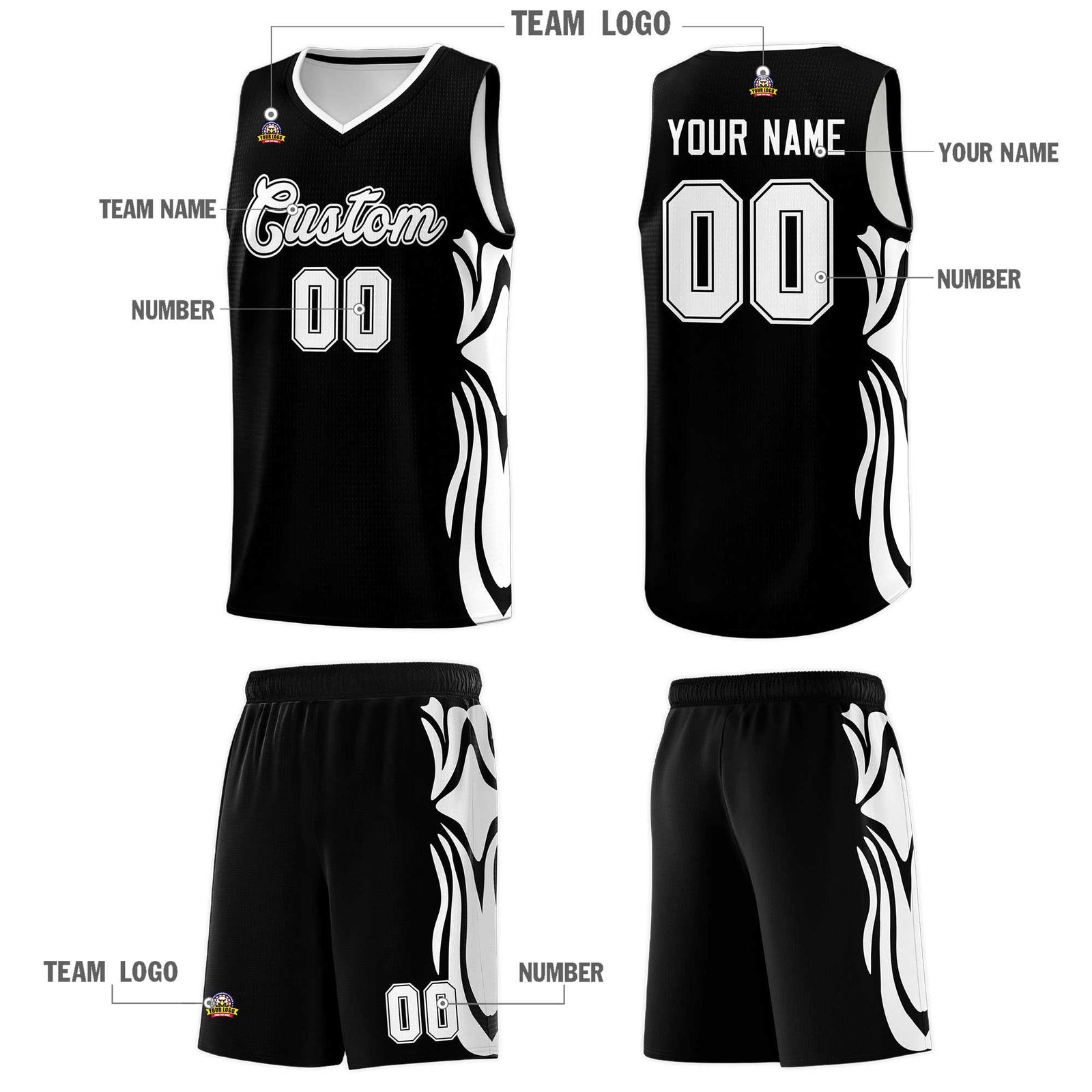 Custom Black White-White Graffiti Pattern Side Curve Pattern Sports Uniform Basketball Jersey Sets