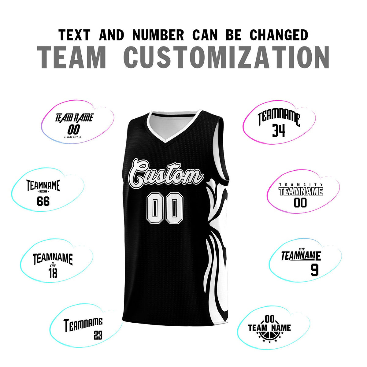 Custom Black White-White Graffiti Pattern Side Curve Pattern Sports Uniform Basketball Jersey Sets