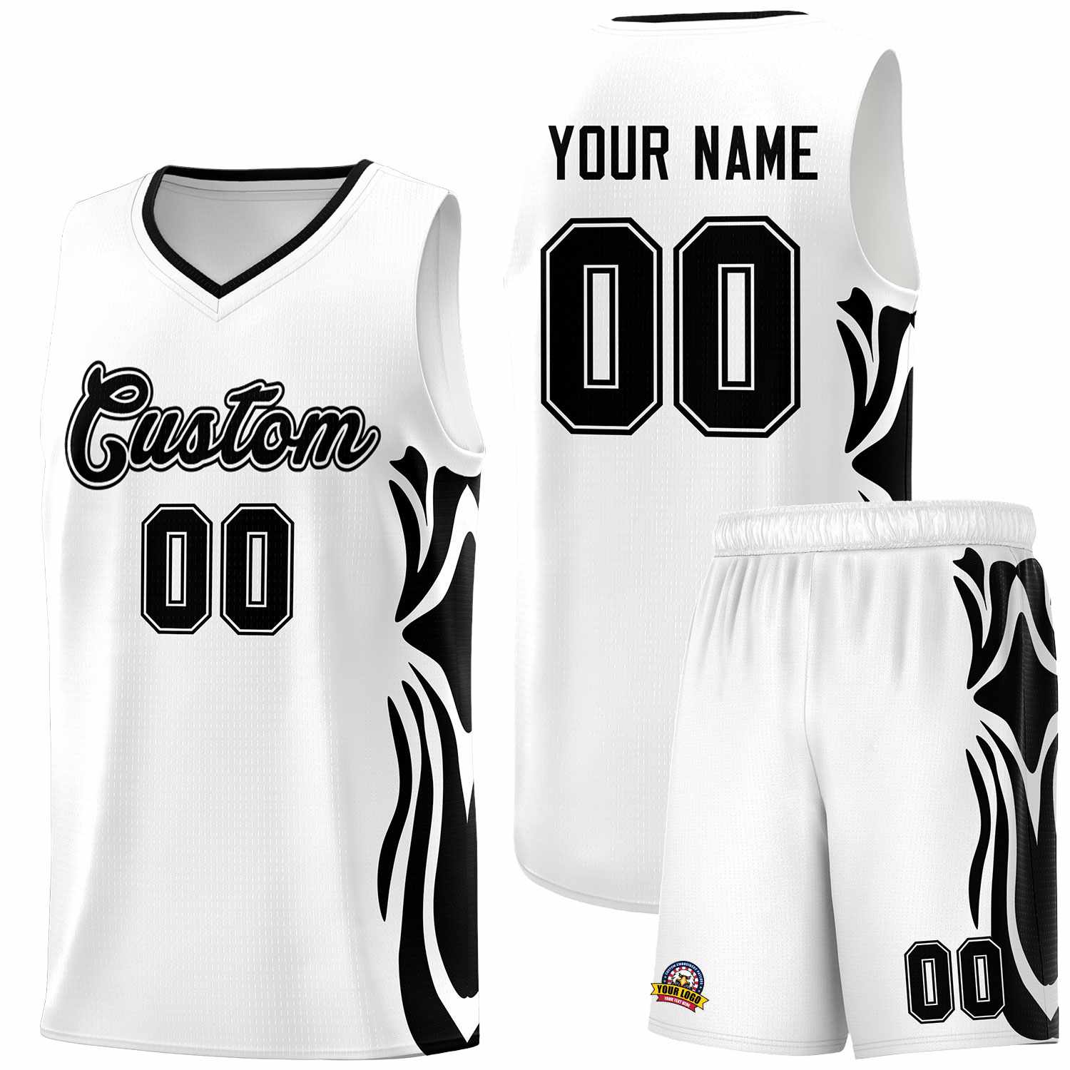 Custom White Black-Black Graffiti Pattern Side Curve Pattern Sports Uniform Basketball Jersey Sets