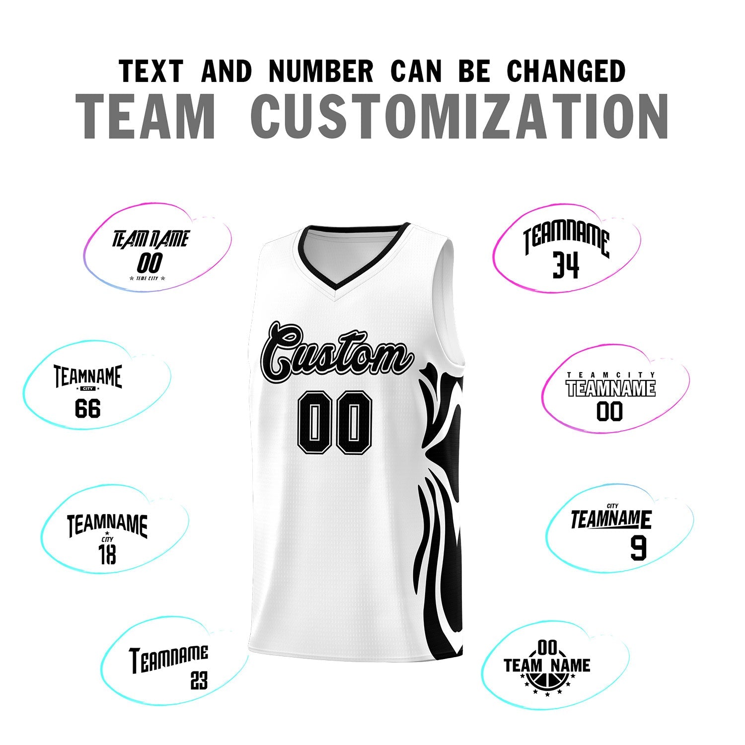 Custom White Black-Black Graffiti Pattern Side Curve Pattern Sports Uniform Basketball Jersey Sets