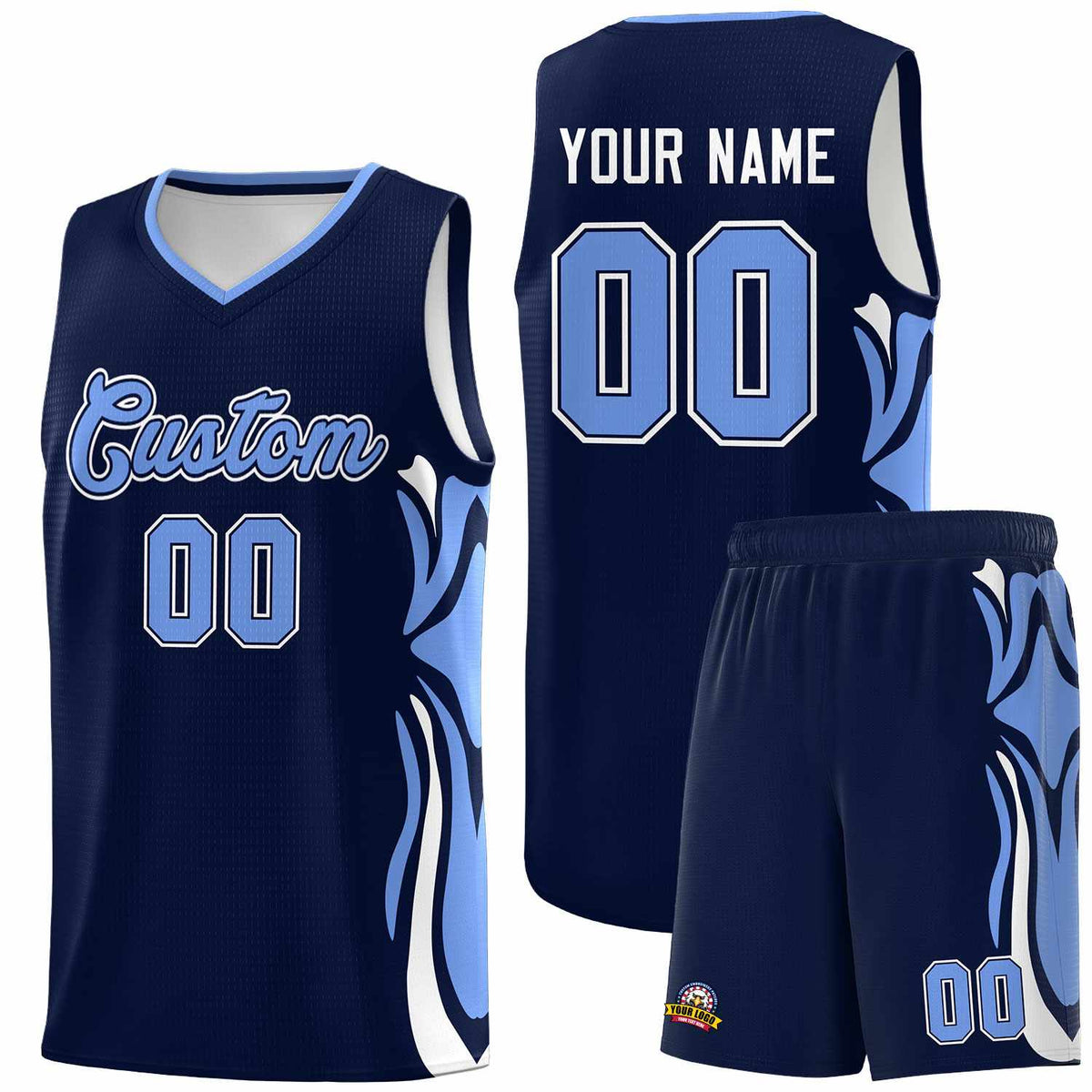 Custom Navy Light Blue-White Graffiti Pattern Side Curve Pattern Sports Uniform Basketball Jersey Sets