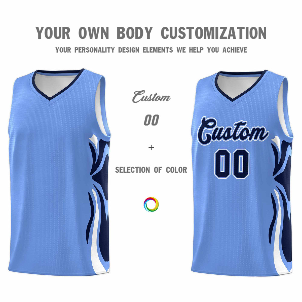 Custom Light Blue Navy-White Graffiti Pattern Side Curve Pattern Sports Uniform Basketball Jersey Sets