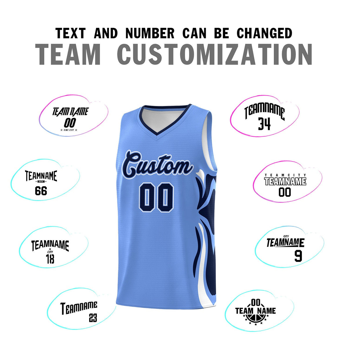 Custom Light Blue Navy-White Graffiti Pattern Side Curve Pattern Sports Uniform Basketball Jersey Sets