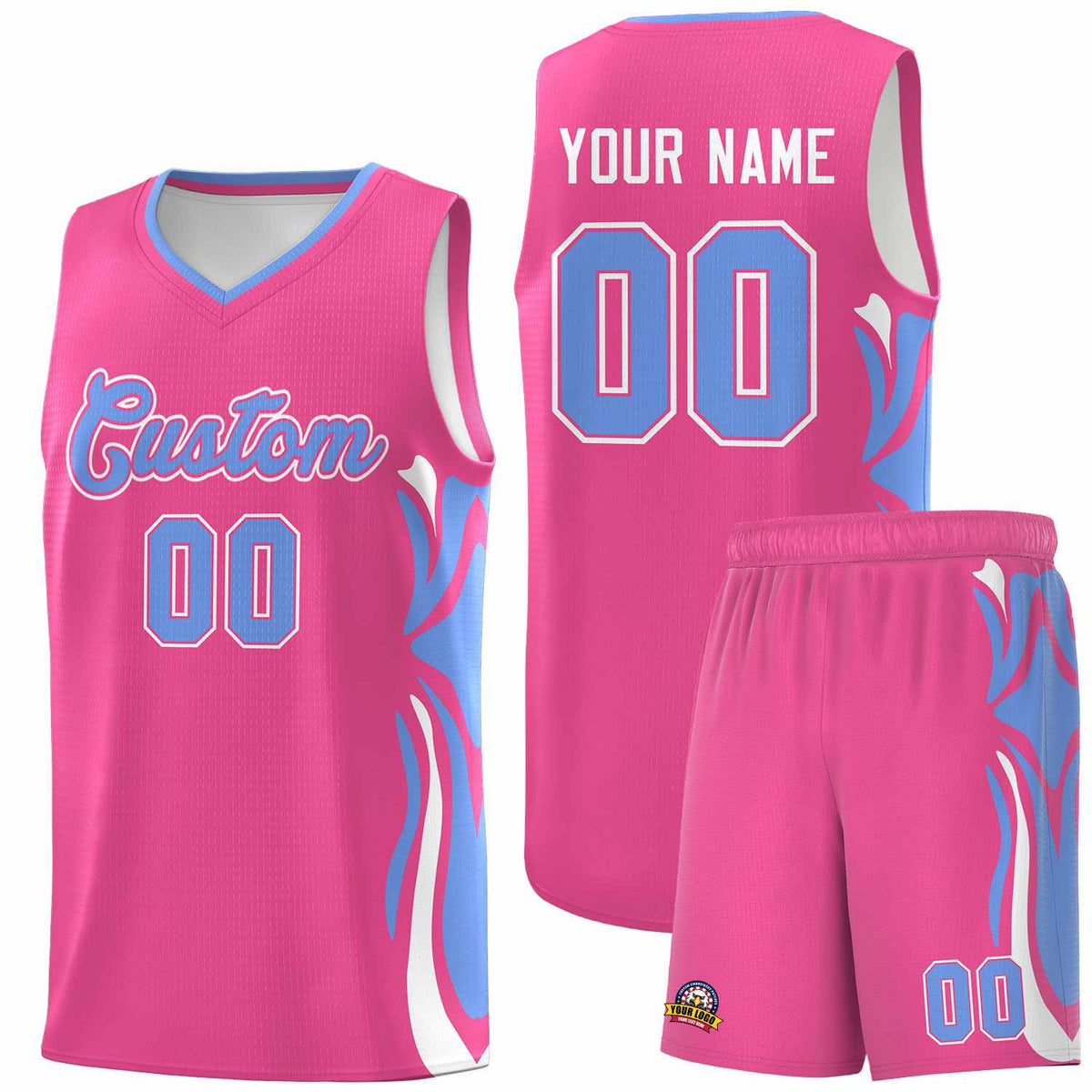 Custom Pink Light Blue-White Graffiti Pattern Side Curve Pattern Sports Uniform Basketball Jersey Sets