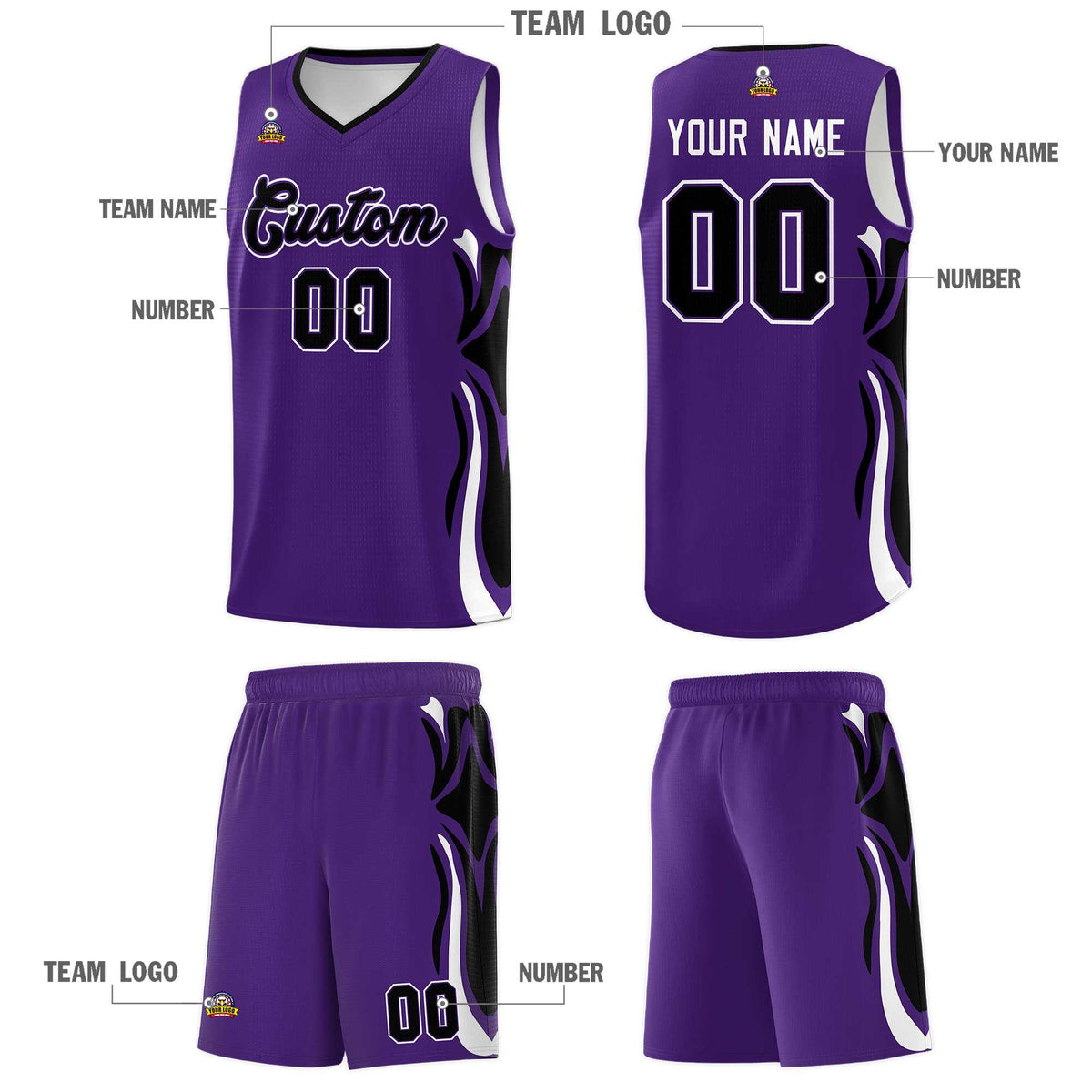Custom Purple Black-White Graffiti Pattern Side Curve Pattern Sports Uniform Basketball Jersey Sets
