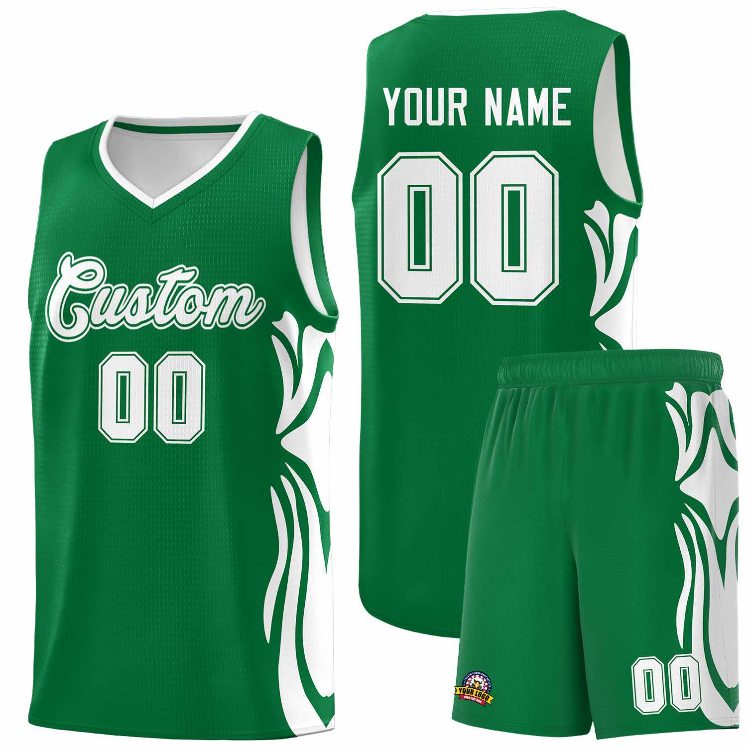 Custom Kelly Green White-White Graffiti Pattern Side Curve Pattern Sports Uniform Basketball Jersey Sets