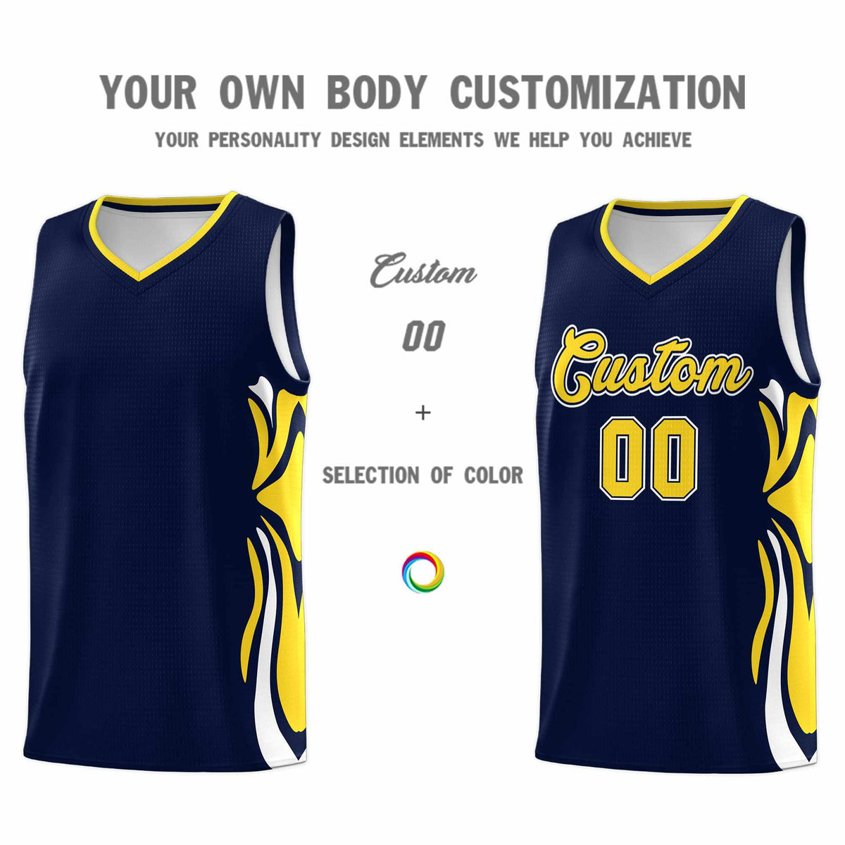 Custom Navy Gold-White Graffiti Pattern Side Curve Pattern Sports Uniform Basketball Jersey Sets