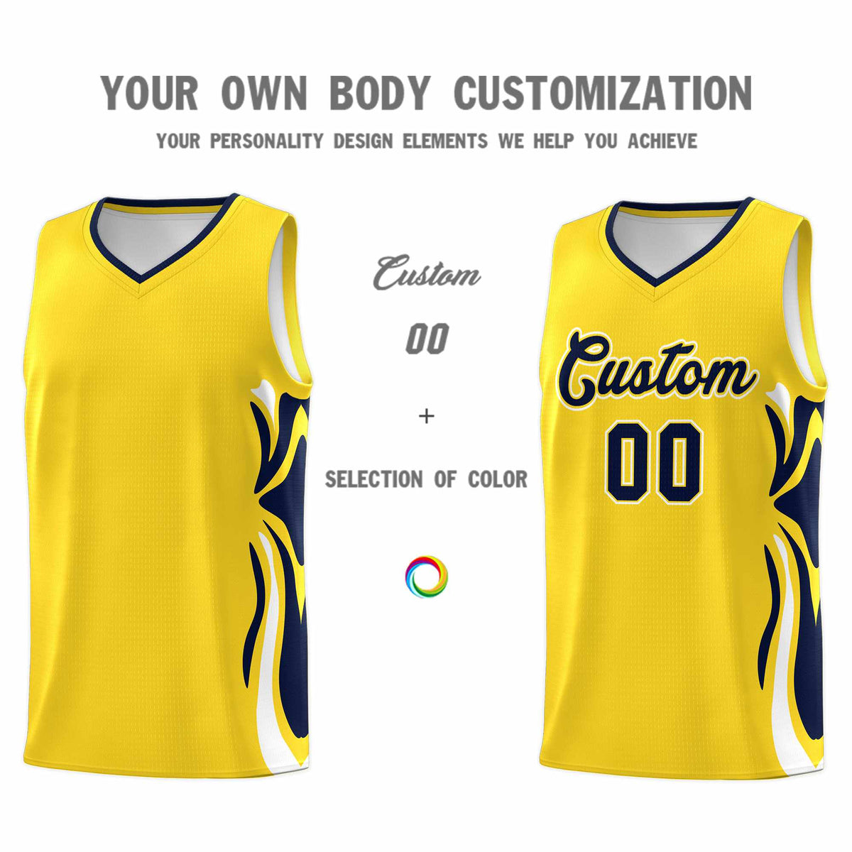 Custom Gold Navy-White Graffiti Pattern Side Curve Pattern Sports Uniform Basketball Jersey Sets