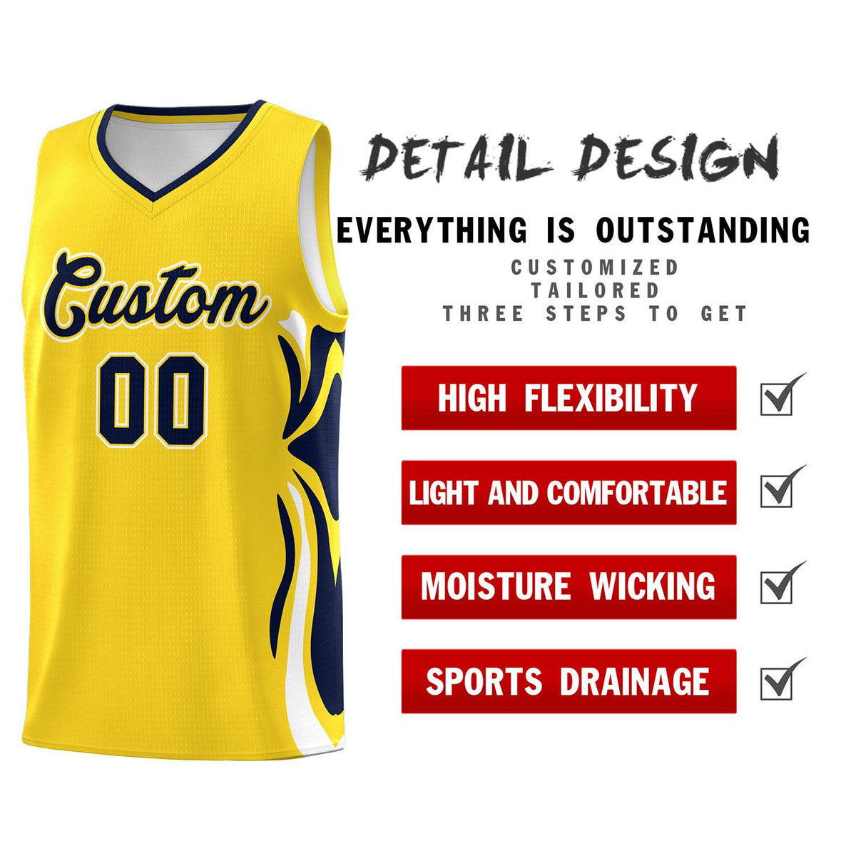 Custom Gold Navy-White Graffiti Pattern Side Curve Pattern Sports Uniform Basketball Jersey Sets