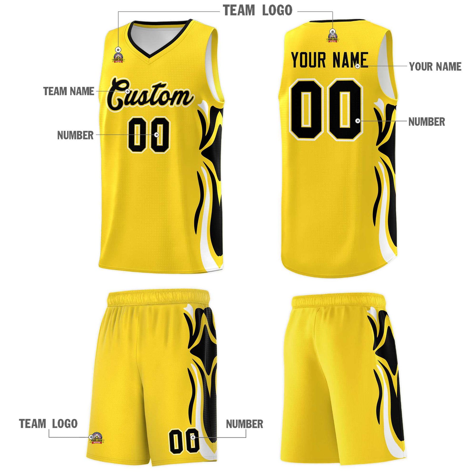 Custom Gold Black-White Graffiti Pattern Side Curve Pattern Sports Uniform Basketball Jersey Sets