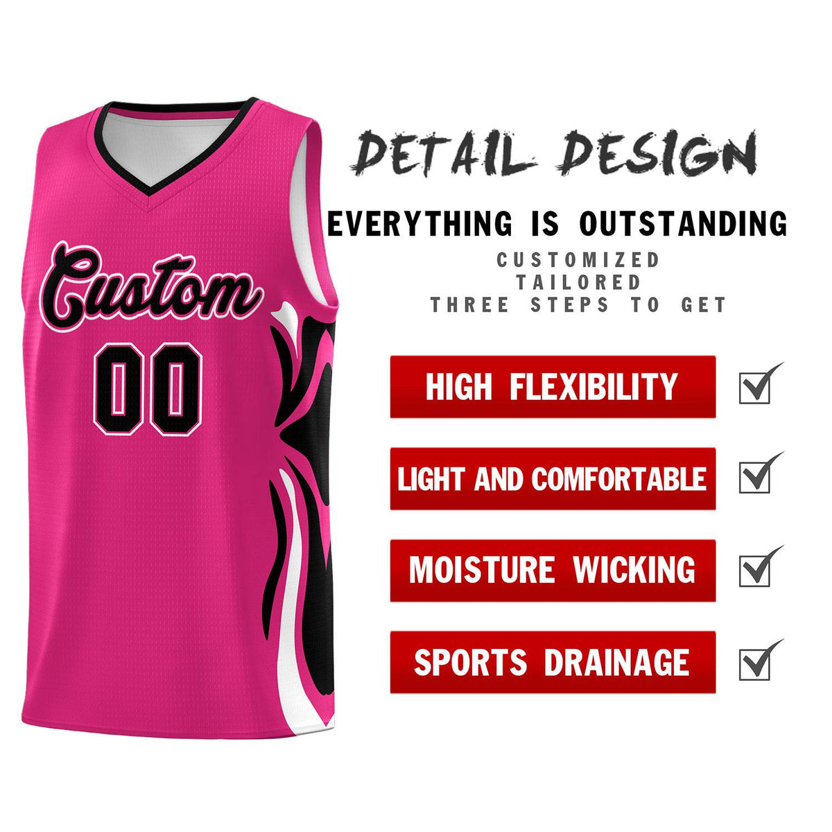 Custom Pink Black-White Graffiti Pattern Side Curve Pattern Sports Uniform Basketball Jersey Sets