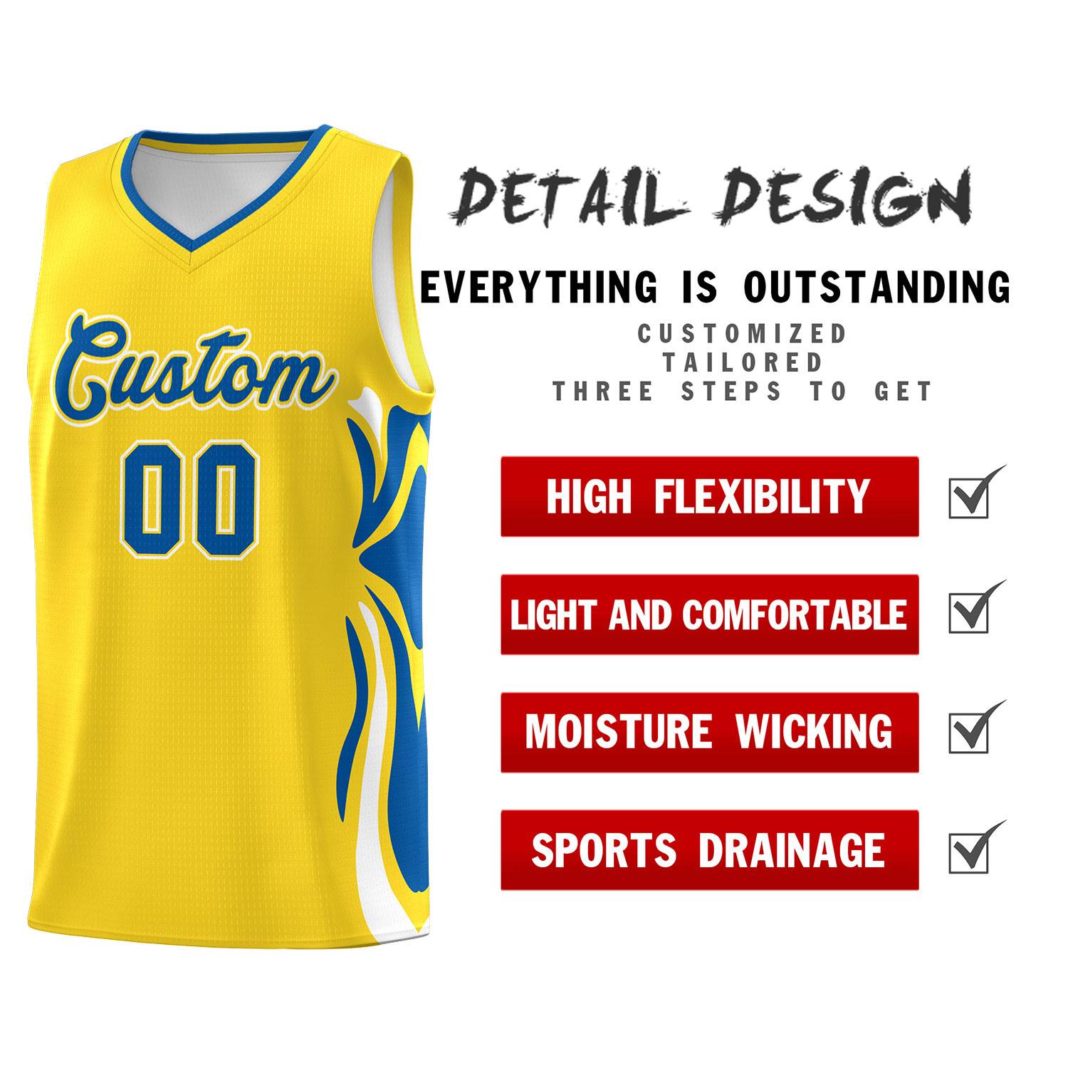 Custom Gold Royal-White Graffiti Pattern Side Curve Pattern Sports Uniform Basketball Jersey Sets