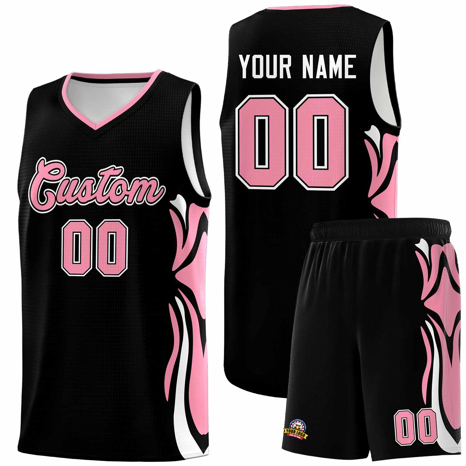 Custom Black Light Pink-White Graffiti Pattern Side Curve Pattern Sports Uniform Basketball Jersey Sets