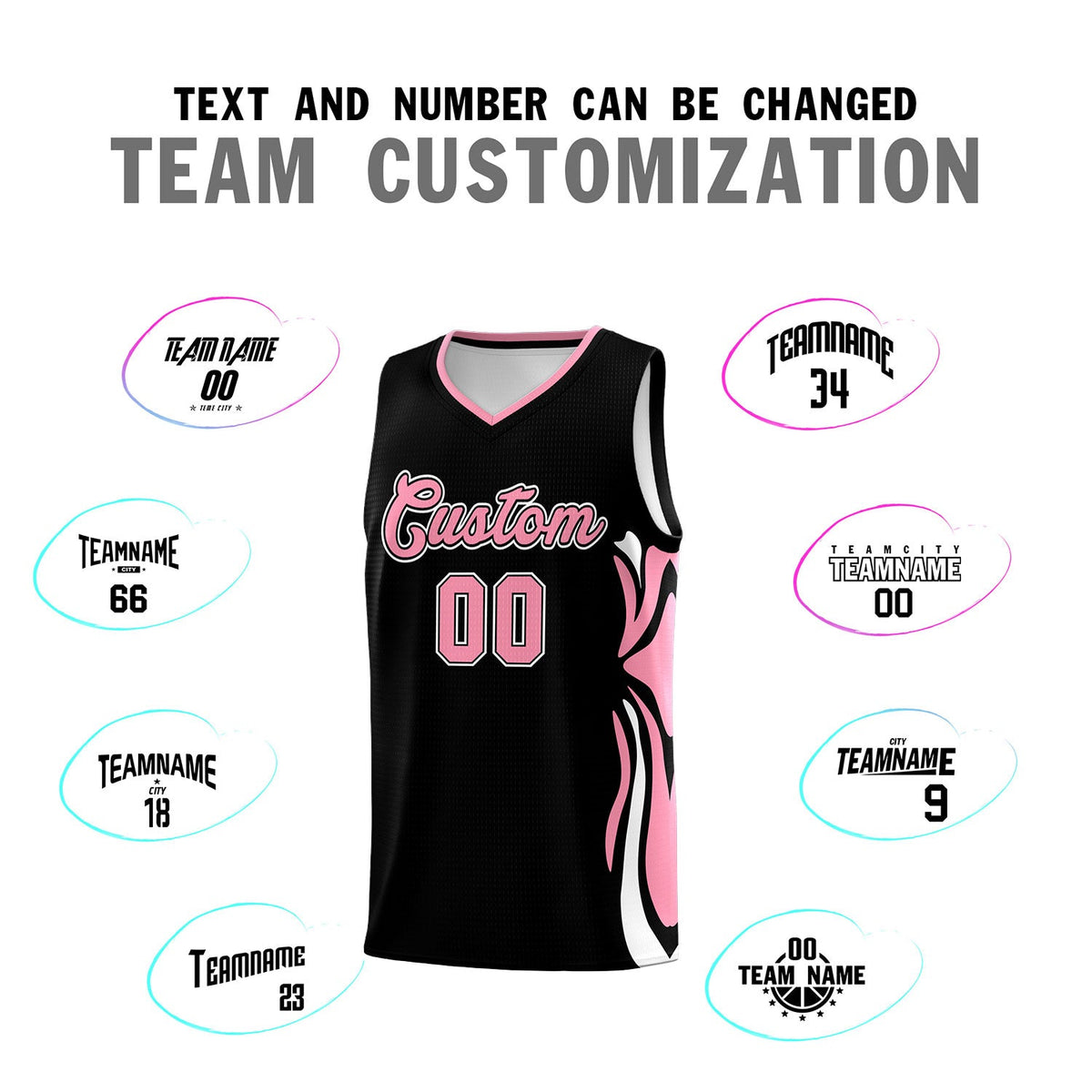 Custom Black Light Pink-White Graffiti Pattern Side Curve Pattern Sports Uniform Basketball Jersey Sets