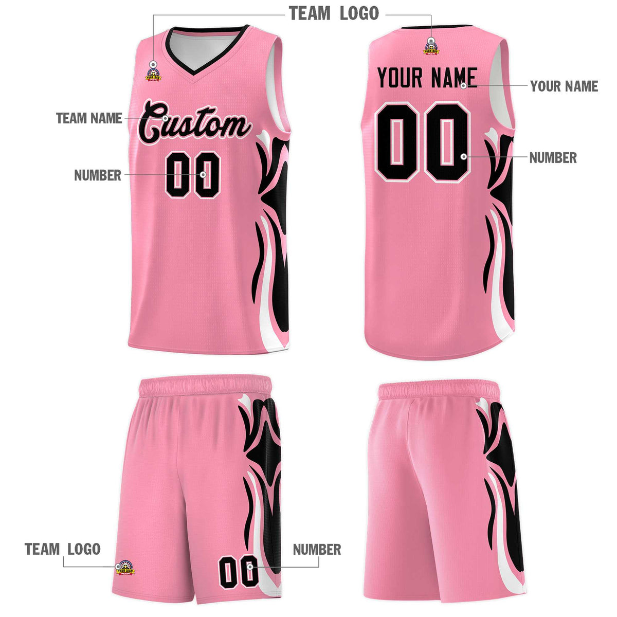 Custom Light Pink Black-White Graffiti Pattern Side Curve Pattern Sports Uniform Basketball Jersey Sets