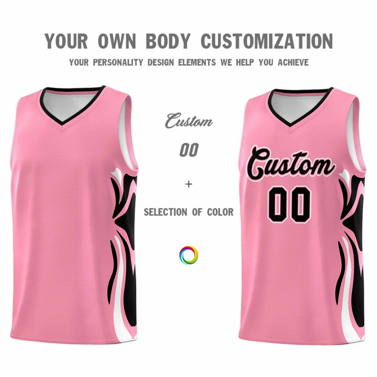 Custom Light Pink Black-White Graffiti Pattern Side Curve Pattern Sports Uniform Basketball Jersey Sets