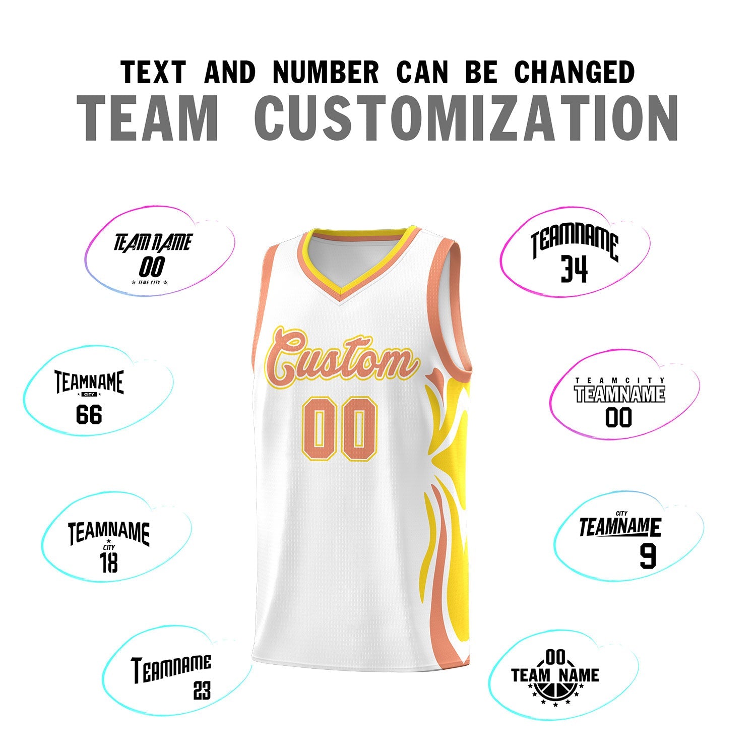 Custom White Light Orange-Gold Graffiti Pattern Side Curve Pattern Sports Uniform Basketball Jersey Sets