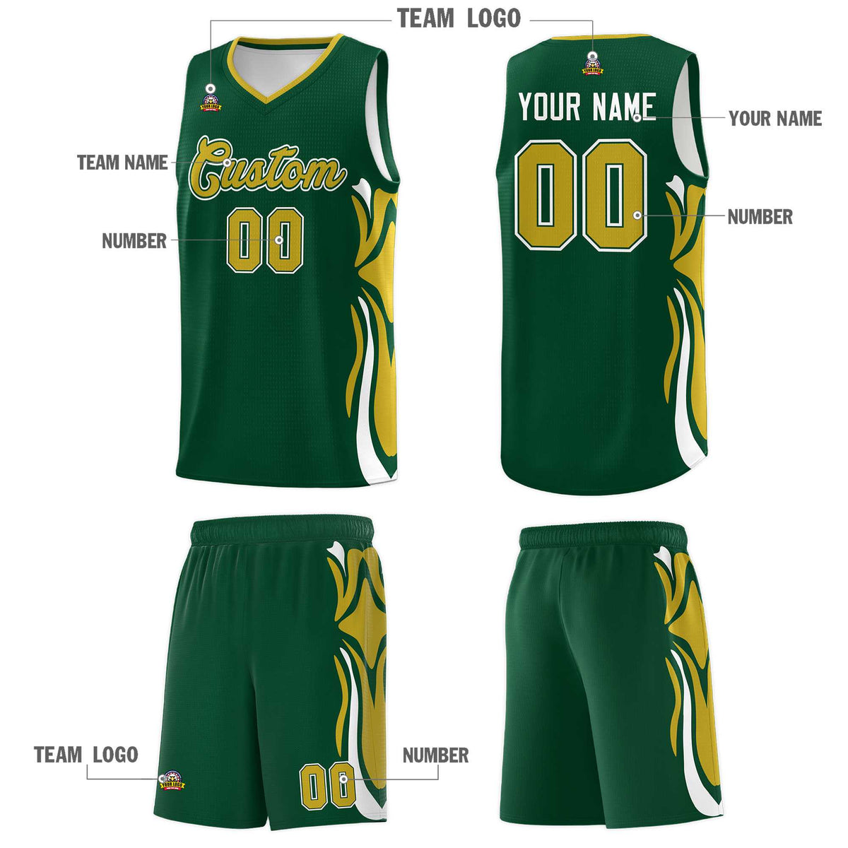Custom Green Old Gold-White Graffiti Pattern Side Curve Pattern Sports Uniform Basketball Jersey Sets