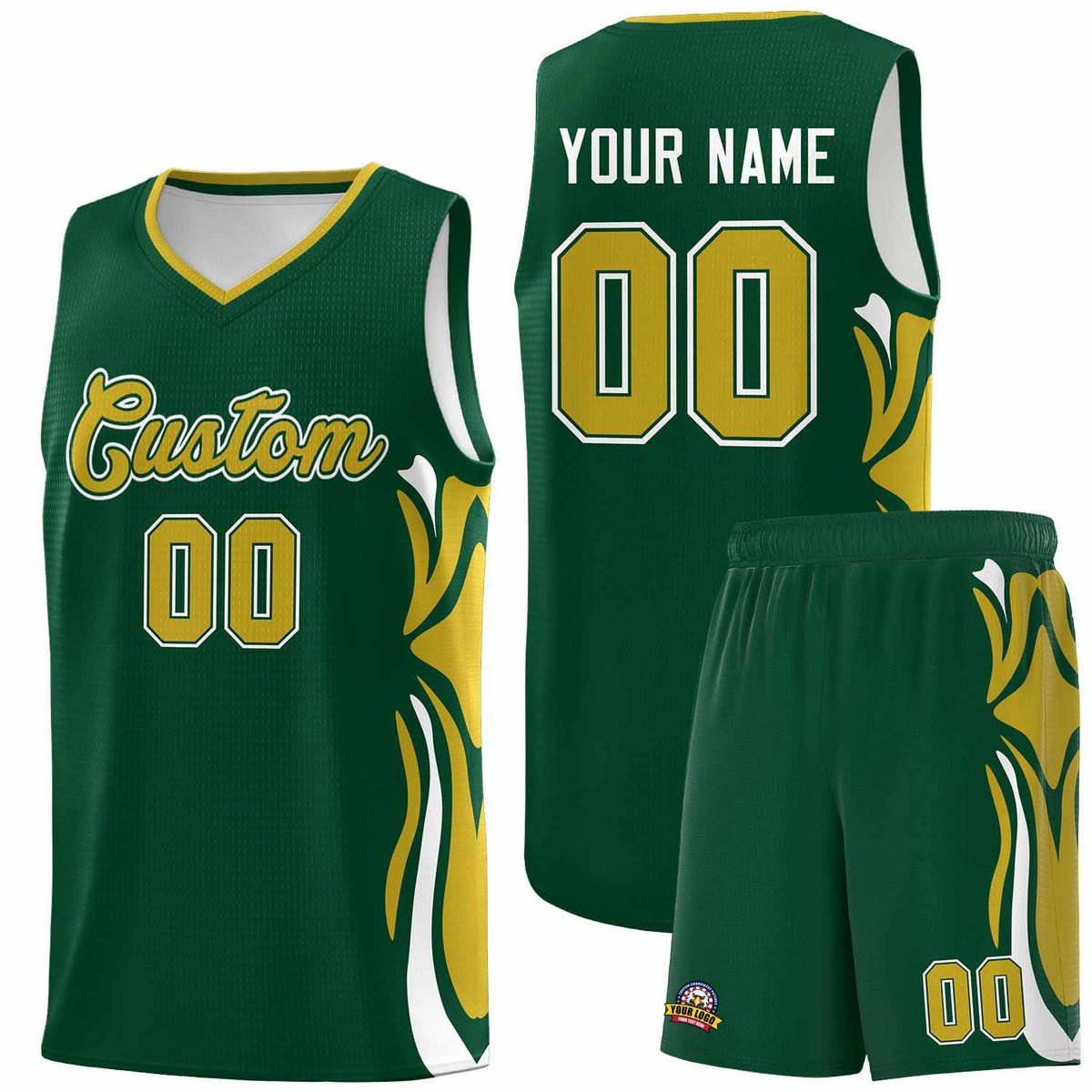 Custom Green Old Gold-White Graffiti Pattern Side Curve Pattern Sports Uniform Basketball Jersey Sets