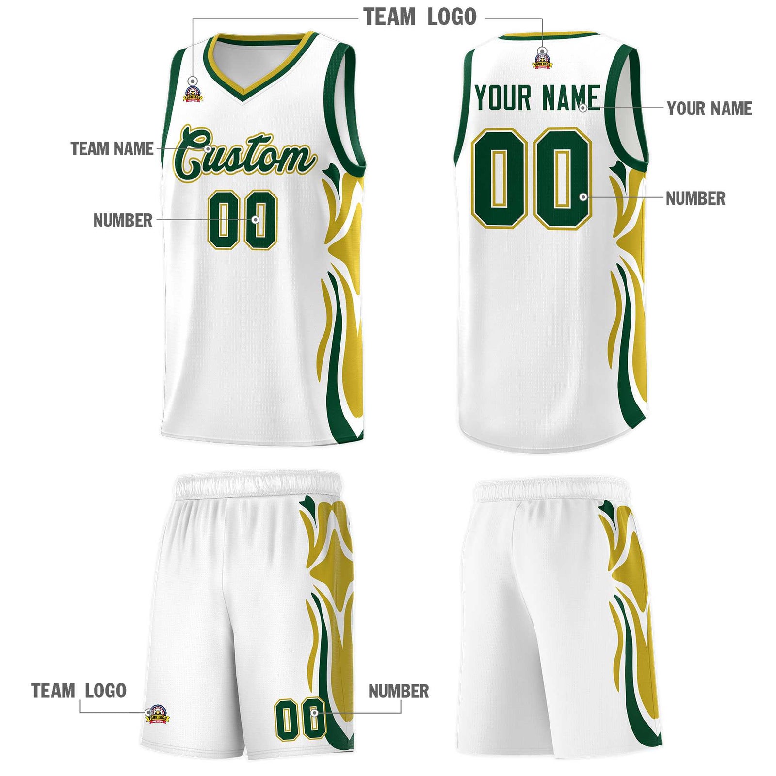 Custom White Green-Old Gold Graffiti Pattern Side Curve Pattern Sports Uniform Basketball Jersey Sets