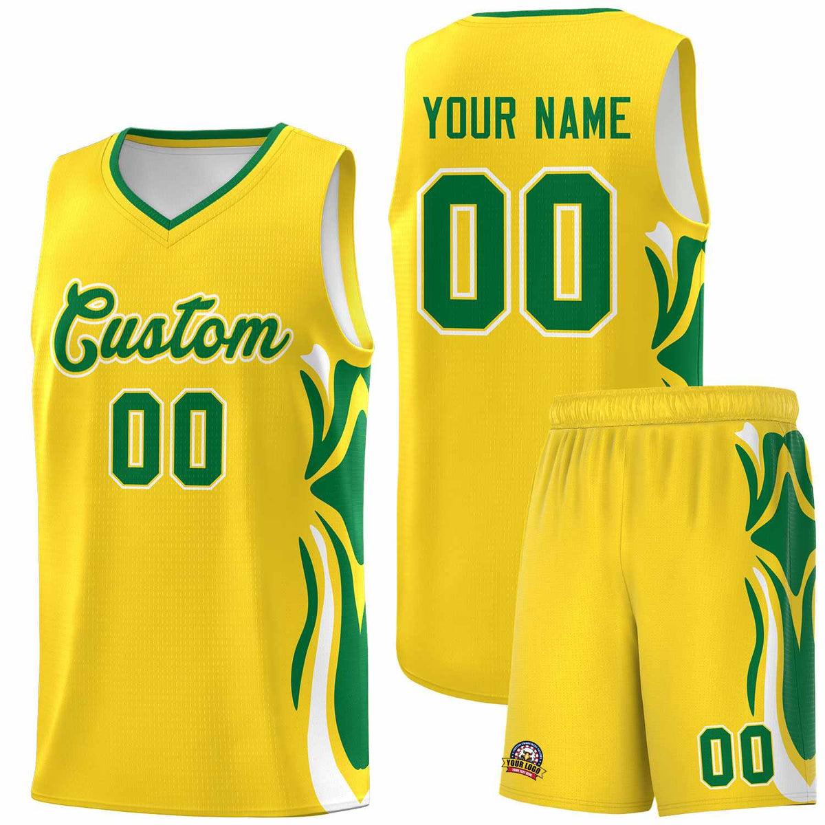 Custom Gold Kelly Green-White Graffiti Pattern Side Curve Pattern Sports Uniform Basketball Jersey Sets