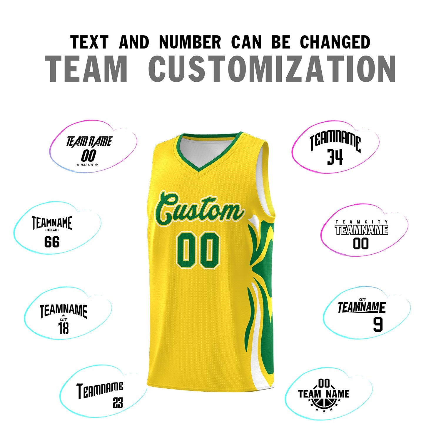 Custom Gold Kelly Green-White Graffiti Pattern Side Curve Pattern Sports Uniform Basketball Jersey Sets