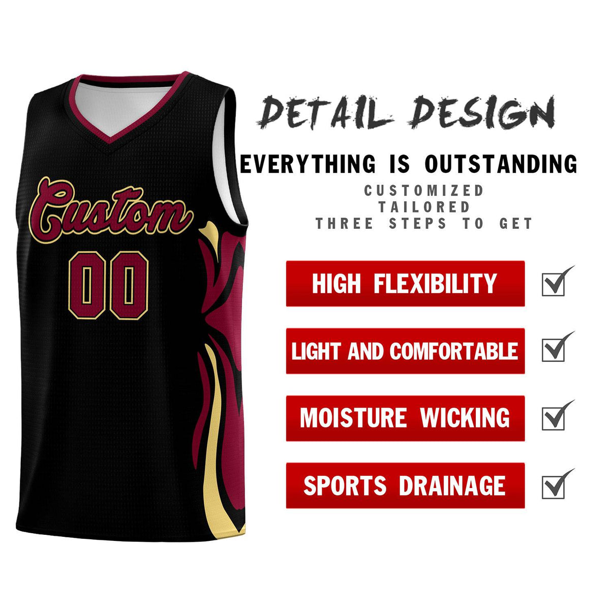 Custom Black Crimson-Khaki Graffiti Pattern Side Curve Pattern Sports Uniform Basketball Jersey Sets