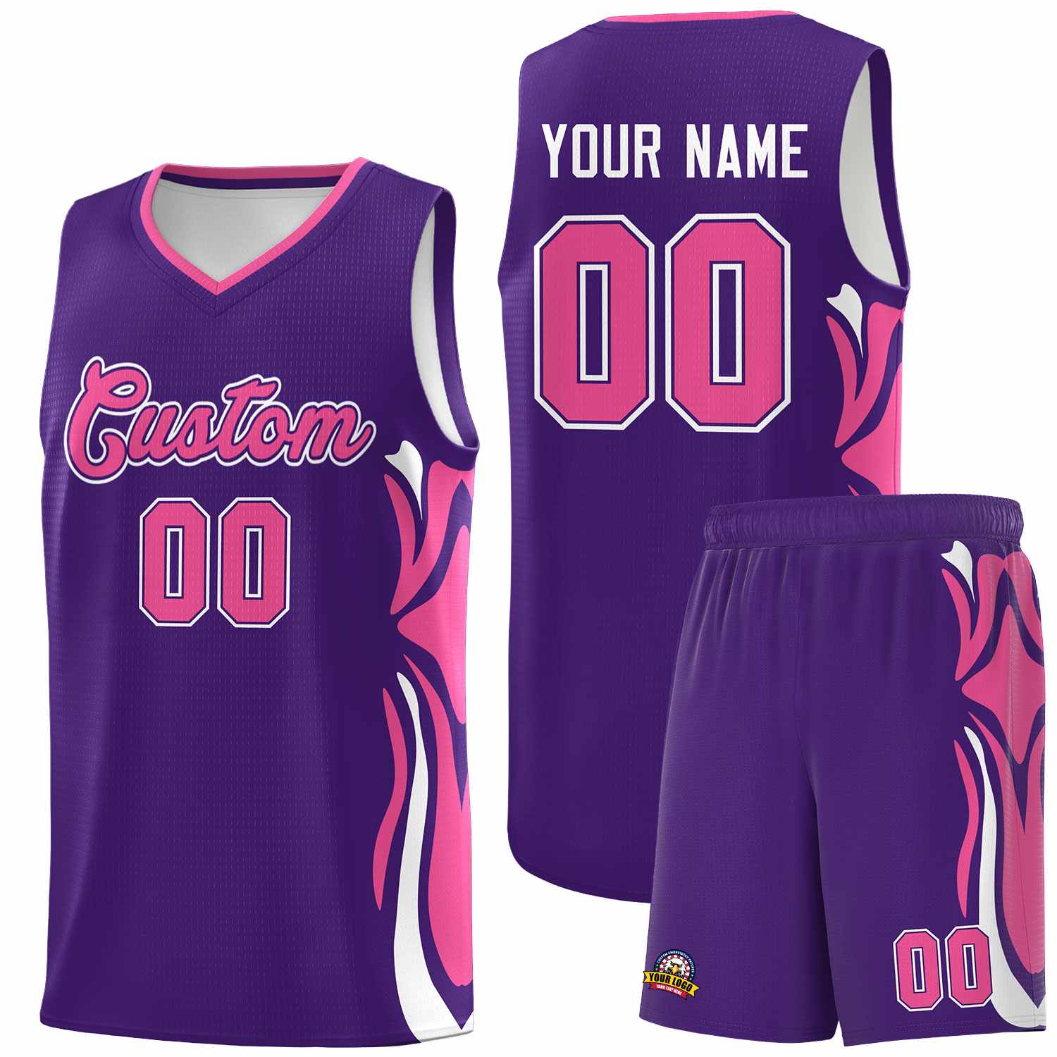 Custom Purple Pink-White Graffiti Pattern Side Curve Pattern Sports Uniform Basketball Jersey Sets