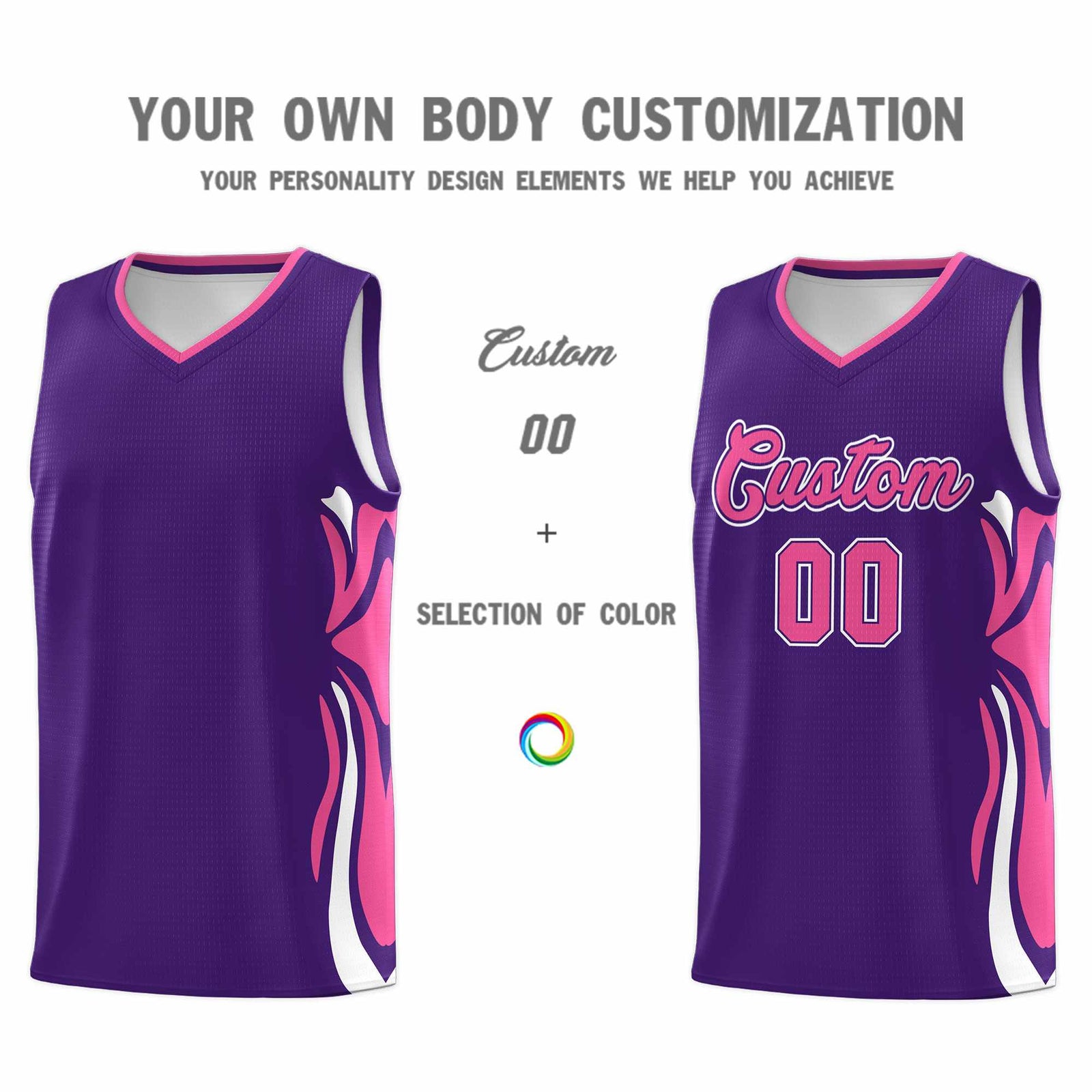Custom Purple Pink-White Graffiti Pattern Side Curve Pattern Sports Uniform Basketball Jersey Sets