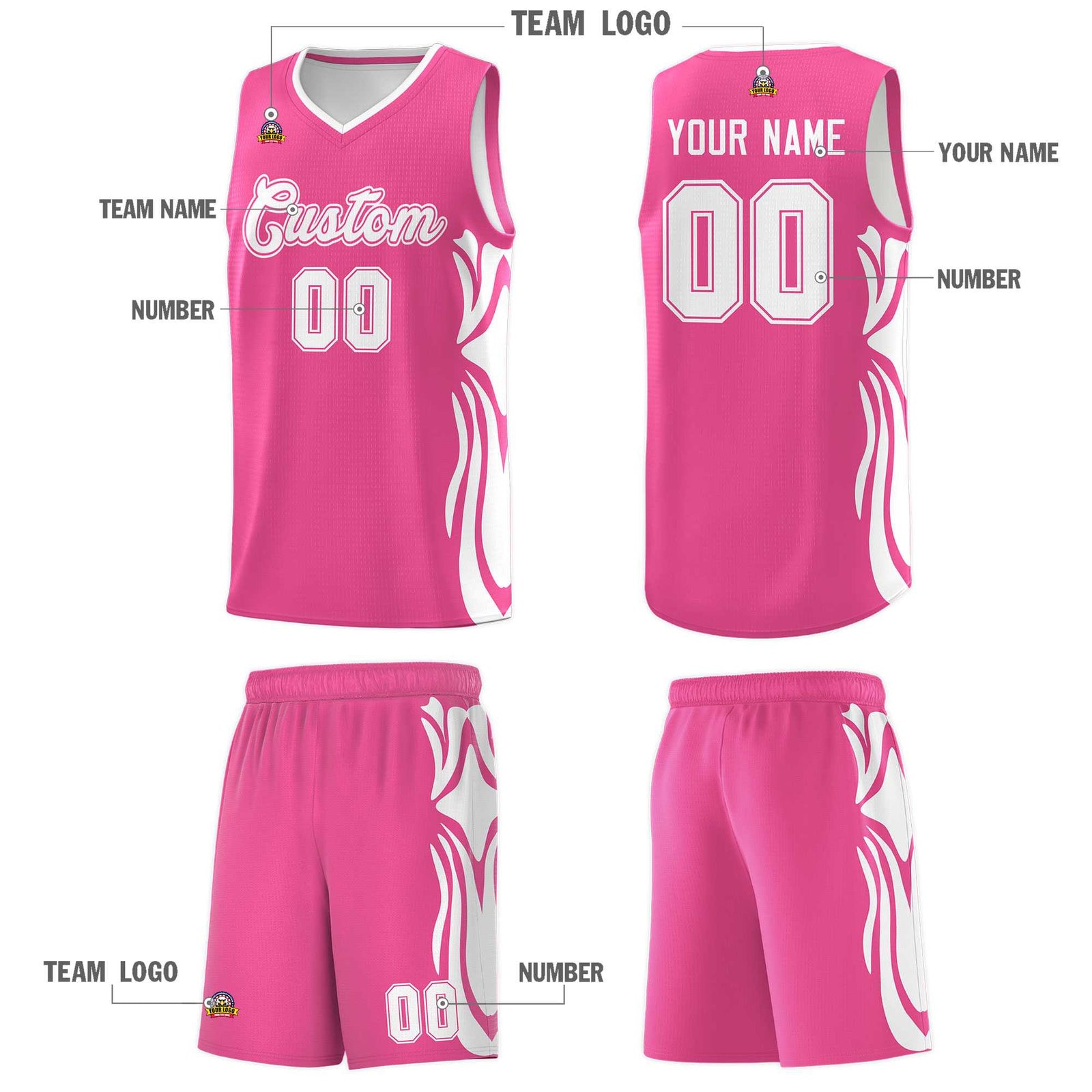 Custom Pink White-White Graffiti Pattern Side Curve Pattern Sports Uniform Basketball Jersey Sets