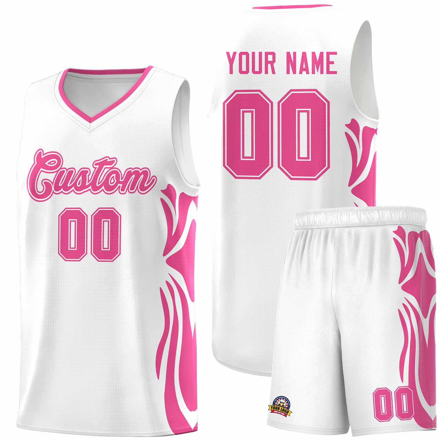 Custom White Pink-Pink Graffiti Pattern Side Curve Pattern Sports Uniform Basketball Jersey Sets