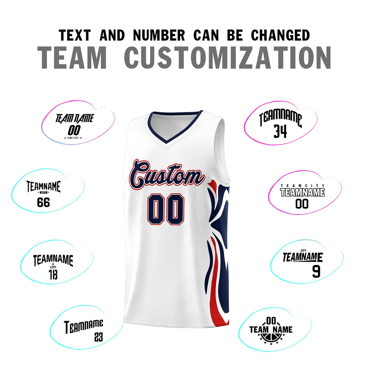 Custom White Navy-Red Graffiti Pattern Side Curve Pattern Sports Uniform Basketball Jersey Sets