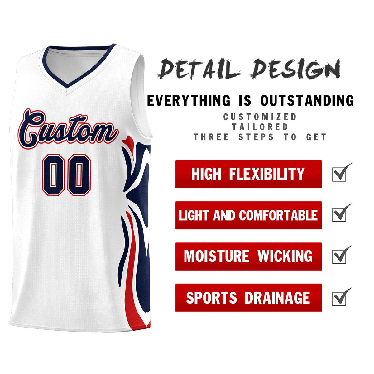 Custom White Navy-Red Graffiti Pattern Side Curve Pattern Sports Uniform Basketball Jersey Sets