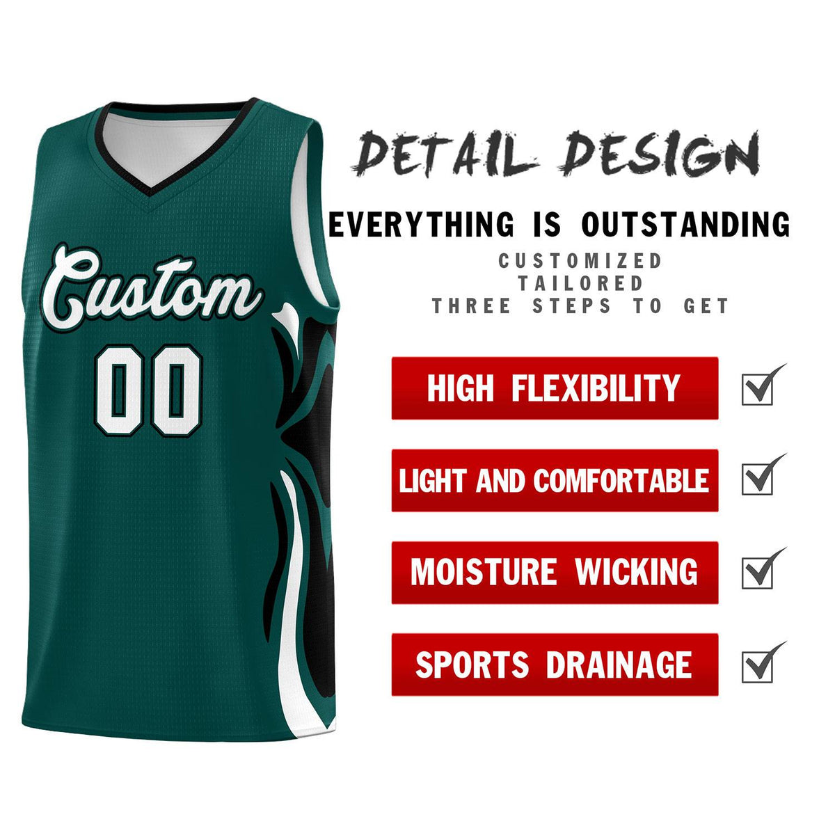Custom Midnight Green White-Black Graffiti Pattern Side Curve Pattern Sports Uniform Basketball Jersey Sets