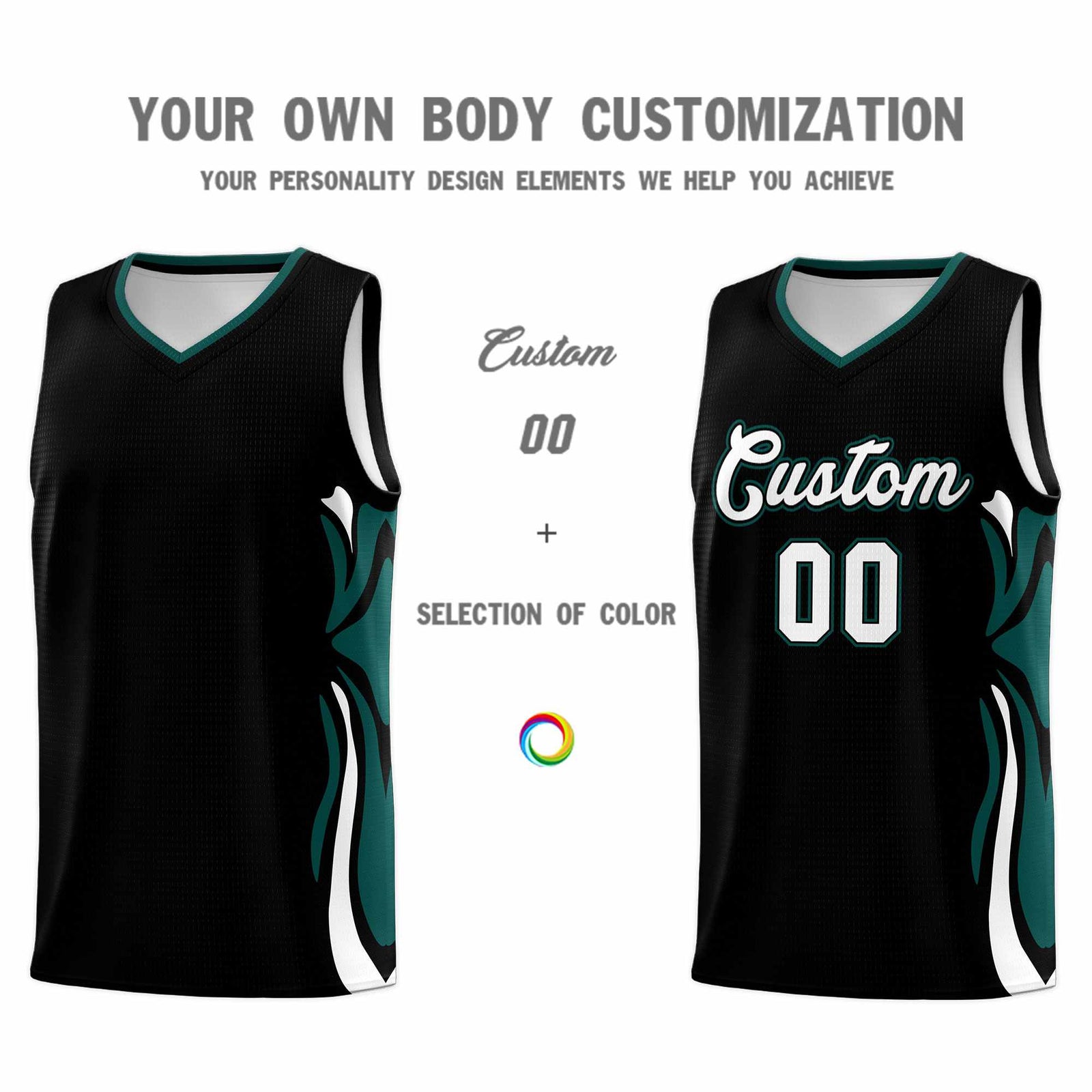 Custom Black White-Midnight Green Graffiti Pattern Side Curve Pattern Sports Uniform Basketball Jersey Sets
