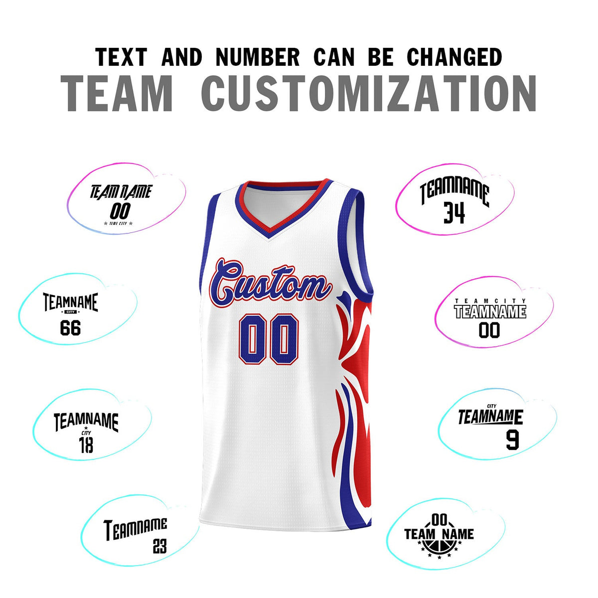 Custom White Royal-Red Graffiti Pattern Side Curve Pattern Sports Uniform Basketball Jersey Sets