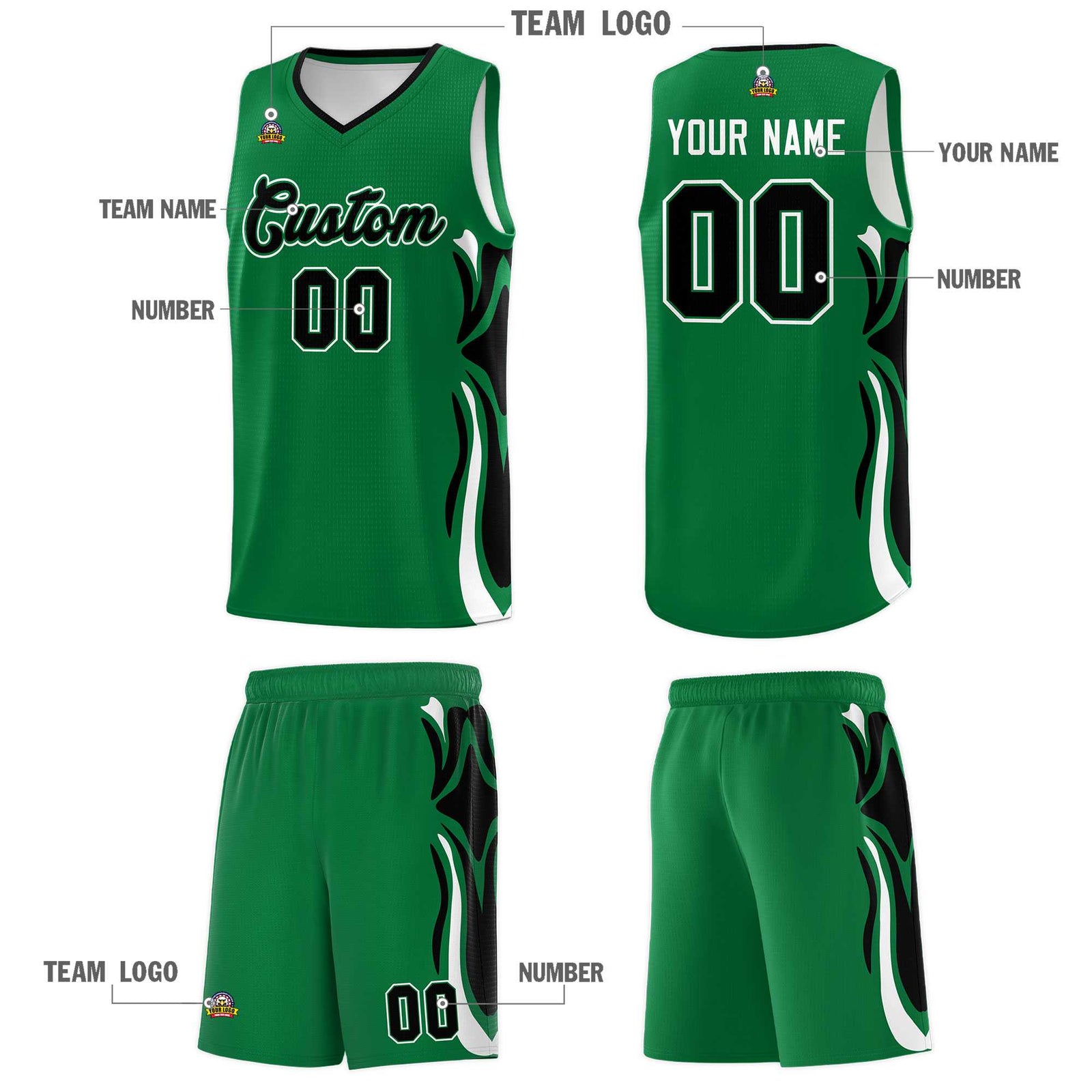 Custom Kelly Green Black-White Graffiti Pattern Side Curve Pattern Sports Uniform Basketball Jersey Sets