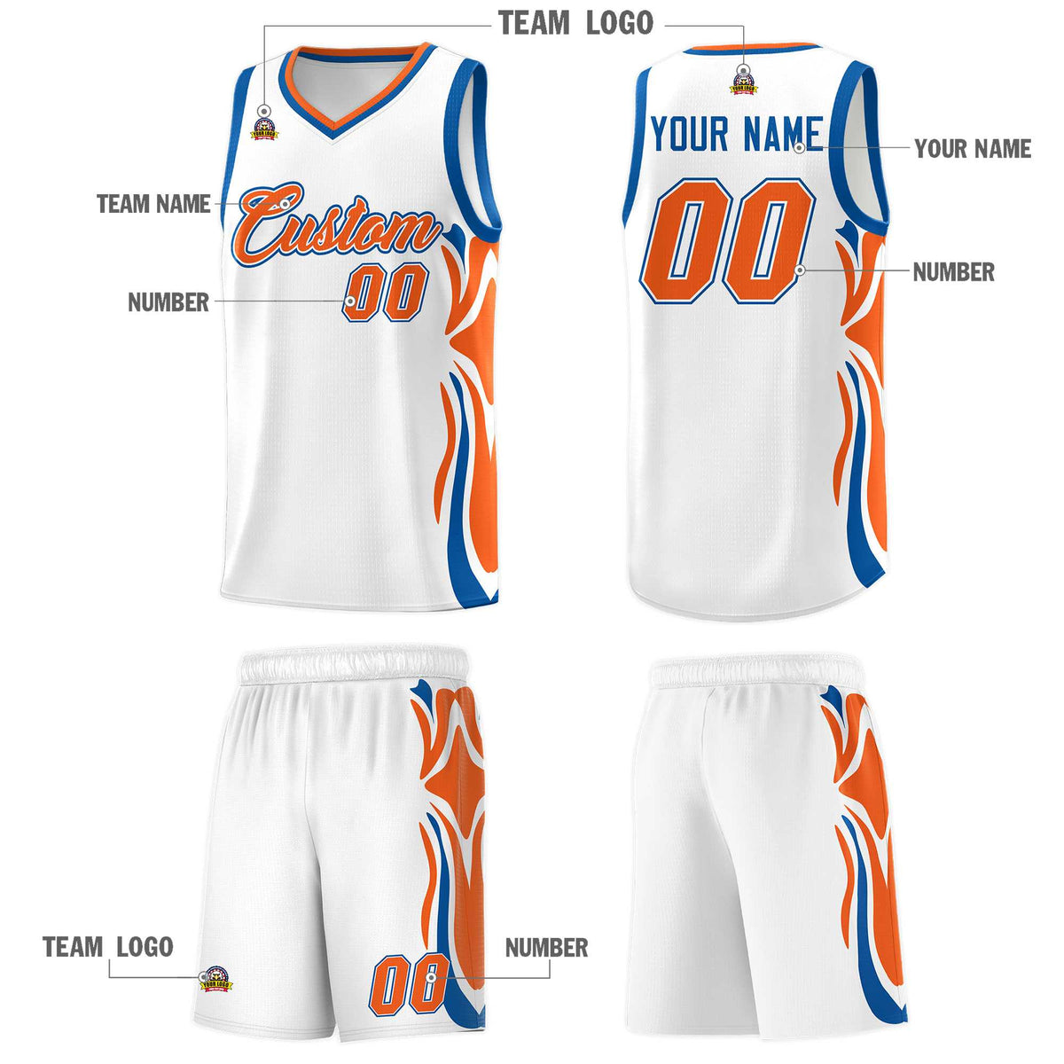 Custom White Orange-Royal Graffiti Pattern Side Curve Pattern Sports Uniform Basketball Jersey Sets