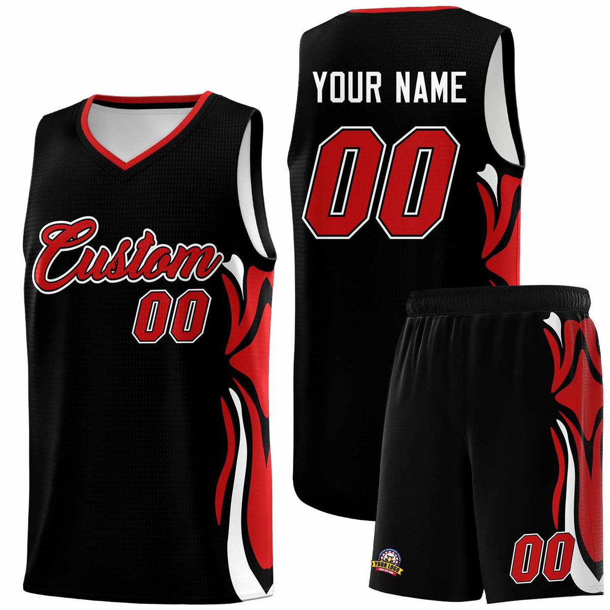 Custom Black Red-White Graffiti Pattern Side Curve Pattern Sports Uniform Basketball Jersey Sets