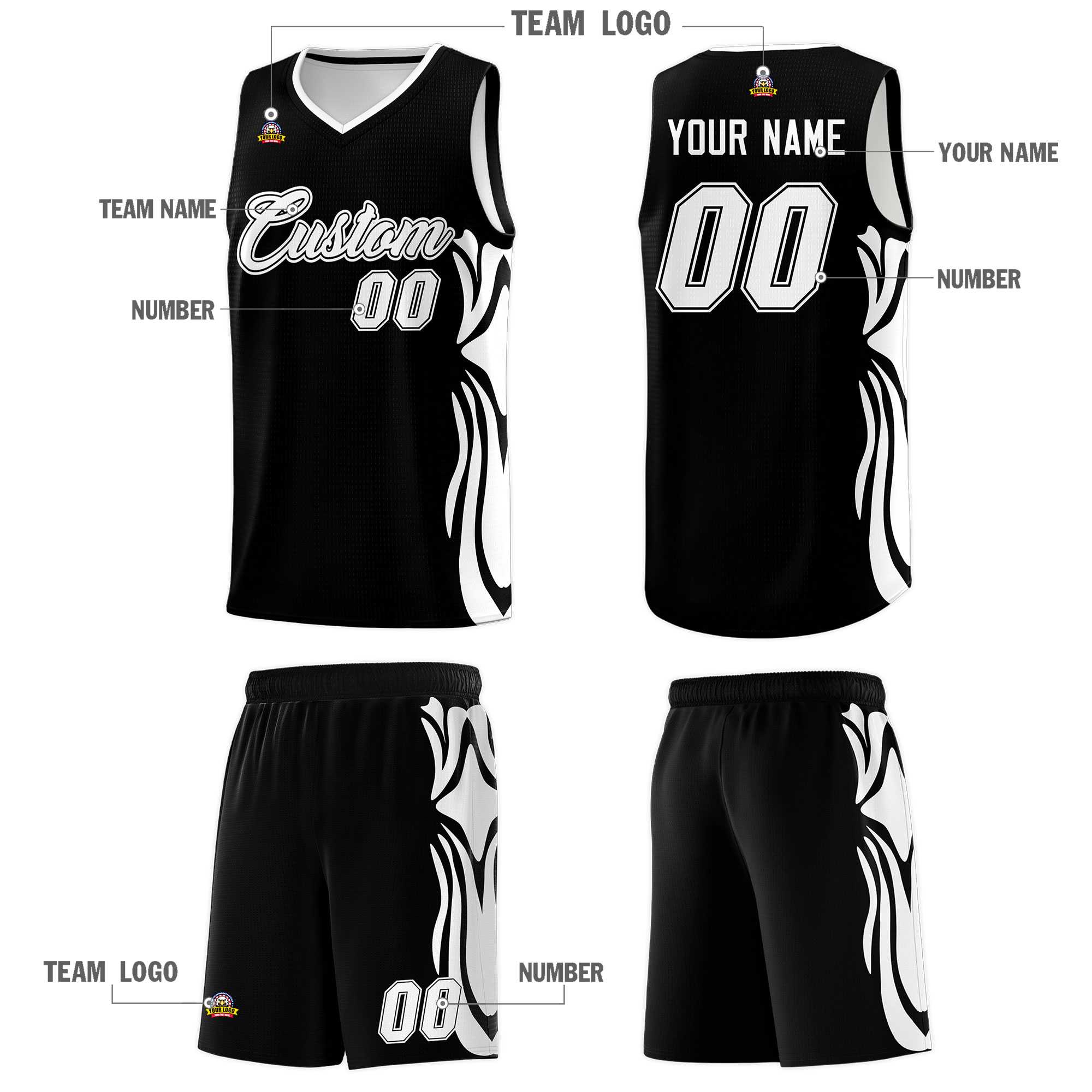 Custom Black White-White Graffiti Pattern Side Curve Pattern Sports Uniform Basketball Jersey Sets