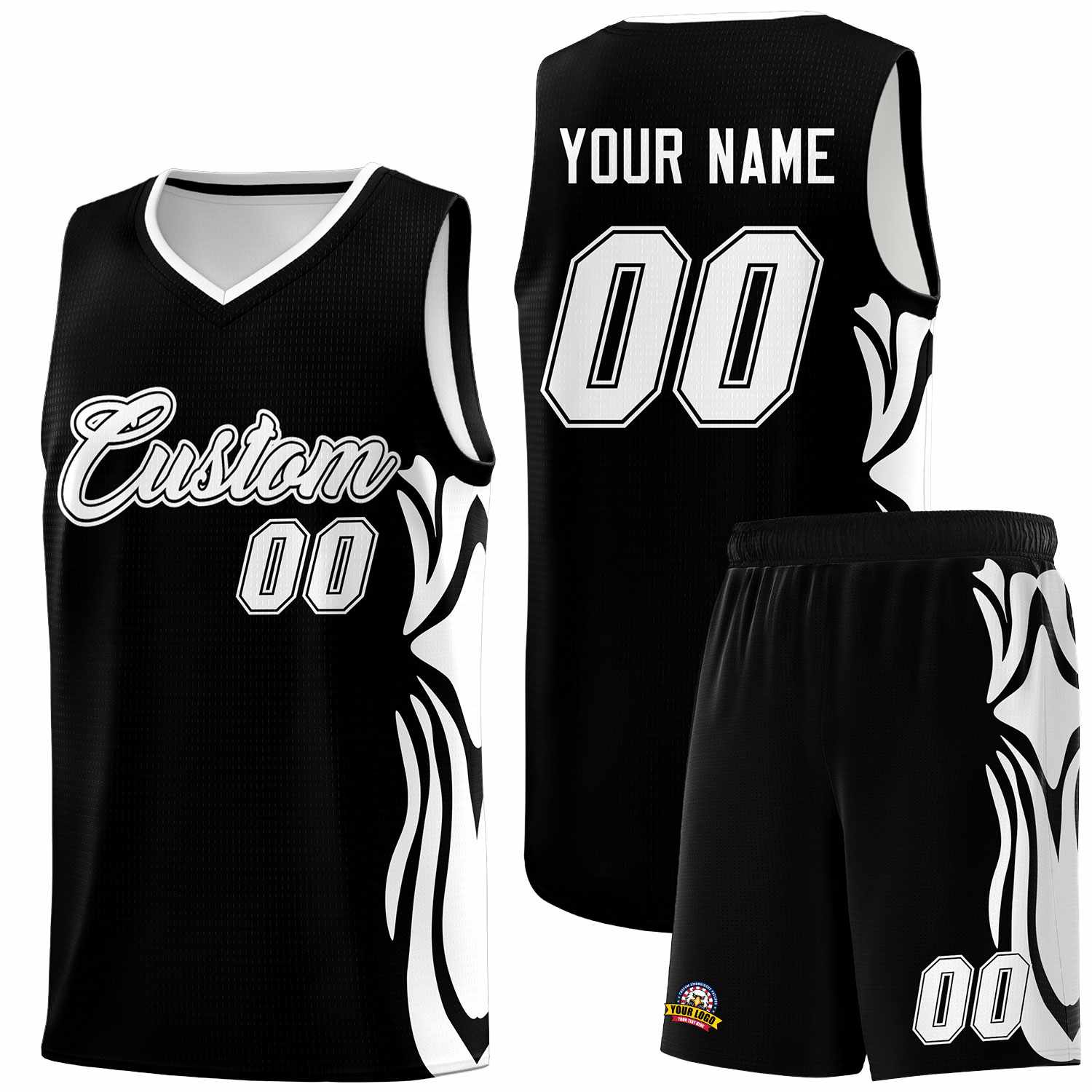 Custom Black White-White Graffiti Pattern Side Curve Pattern Sports Uniform Basketball Jersey Sets