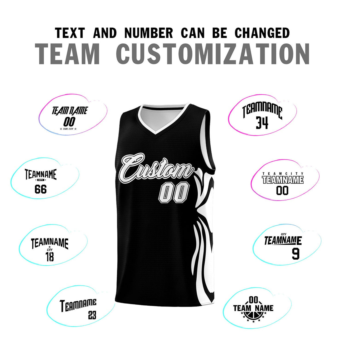 Custom Black White-White Graffiti Pattern Side Curve Pattern Sports Uniform Basketball Jersey Sets