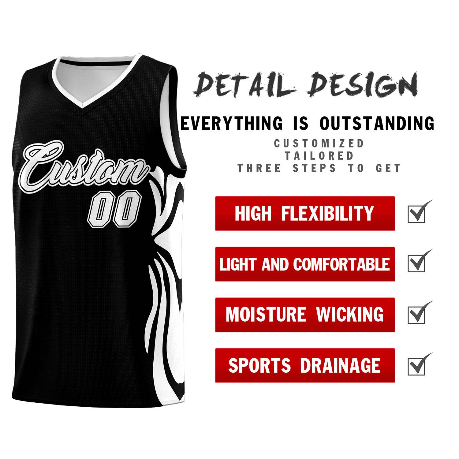 Custom Black White-White Graffiti Pattern Side Curve Pattern Sports Uniform Basketball Jersey Sets